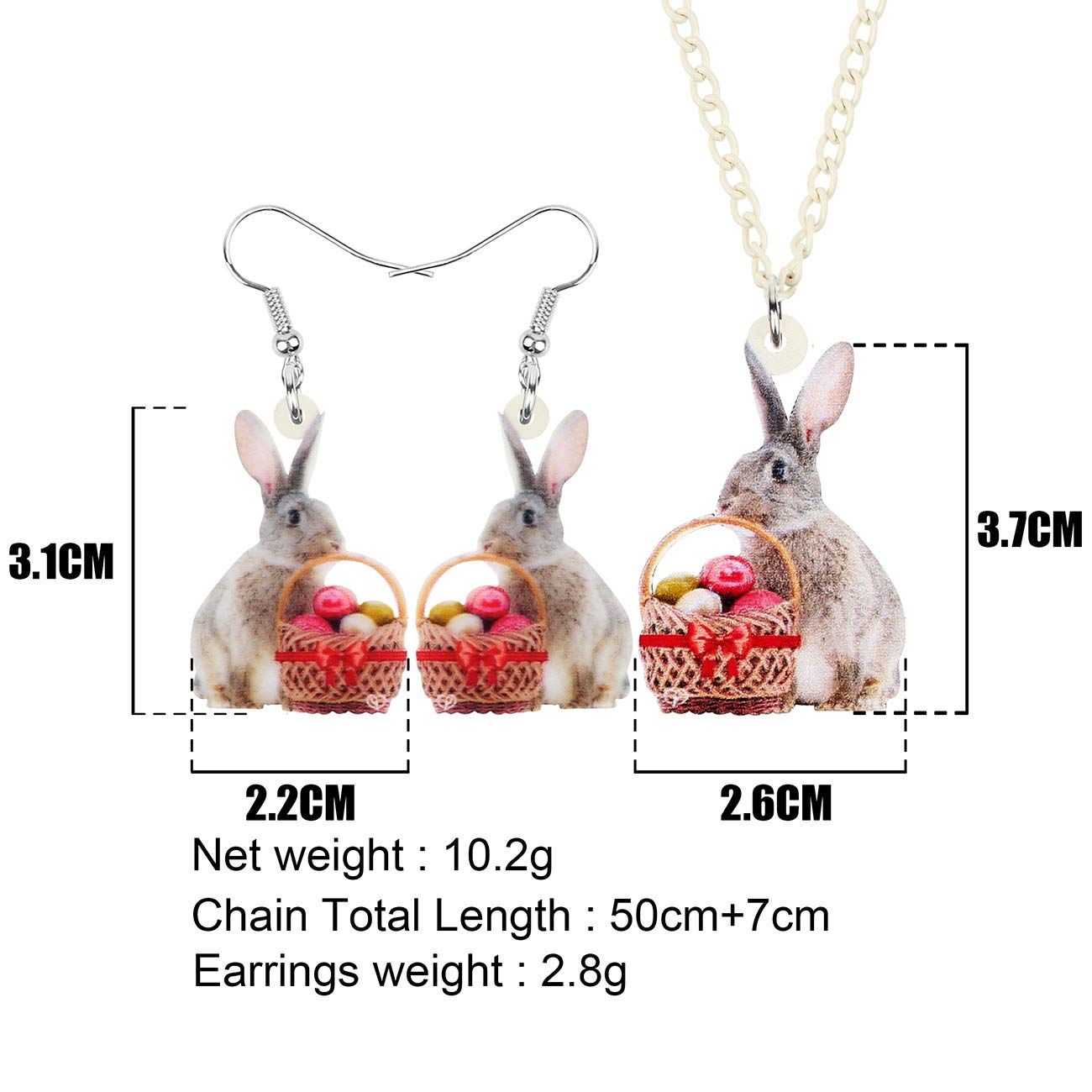 WEVENI Acrylic Easter Egg Basket Bunny Hare Jewelry Set - Rabbit Earrings & Necklace Pendant Gift for Women (Red) | Easter Party, Spring Festival, Birthday Gift, Mother's Day Present