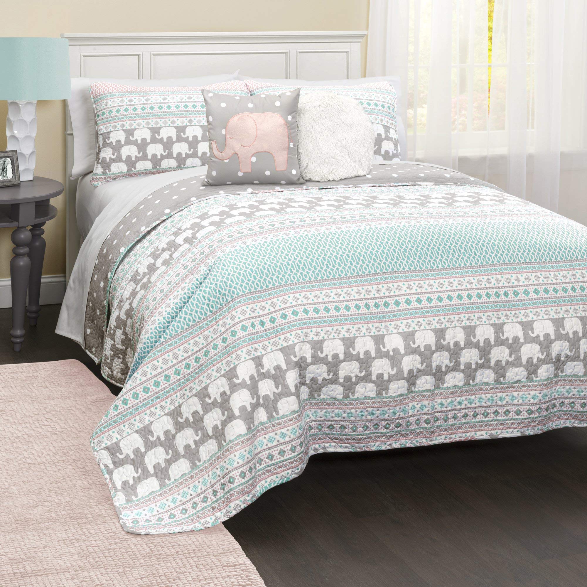 Lush Decor Pink and Turquoise Elephant Striped 5-Piece Reversible Quilt Bedding Set - Full/Queen Size for Kids & Teens Room Decor - Perfect for Nursery, Bedroom, Dorm or Gift