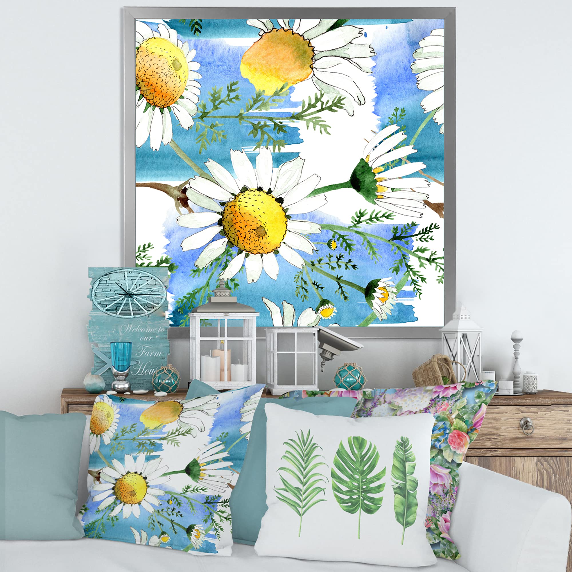 DesignQ Wild Spring Chamomile Flowers Traditional Framed Wall Art - Home Decor for Living Room, Bedroom & Office