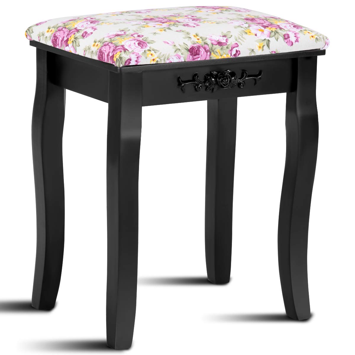 GOFLAME Vanity Stool with Rose Pattern - Solid Wood Legs, Padded Cushioned Makeup Chair - Large Capacity Storage Bench for Bedroom, Dressing Room & Vanity Area - Elegant Black Piano Stool for Women's Beauty Space