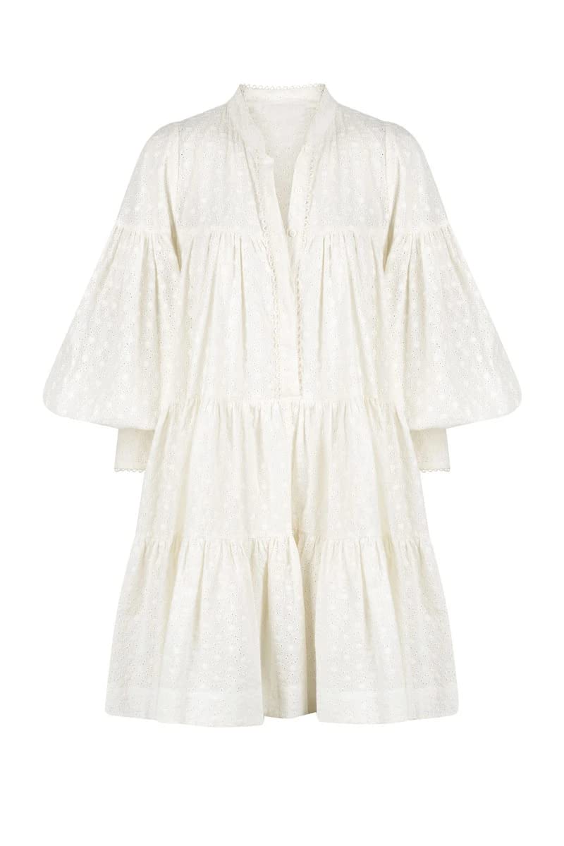 Aofur Women's Summer Cotton V-Neck Long Sleeve Loose Casual Party A-Line Dress with Embroidery - Perfect for Beach Vacations, Date Nights & Outdoor Events