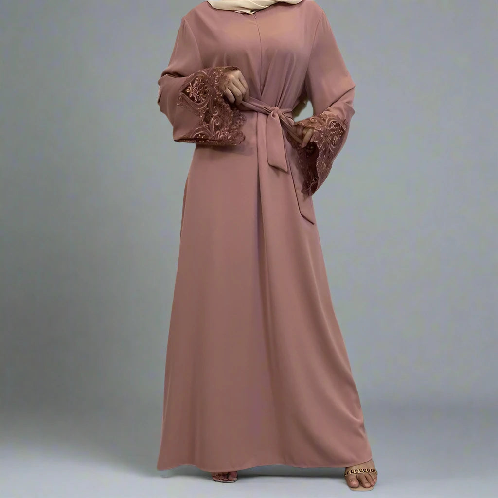 Elegant Muslim Women's Lace Sleeve Nida Abaya Dress - Modest Islamic Prayer Dress for Mosque & Special Occasions