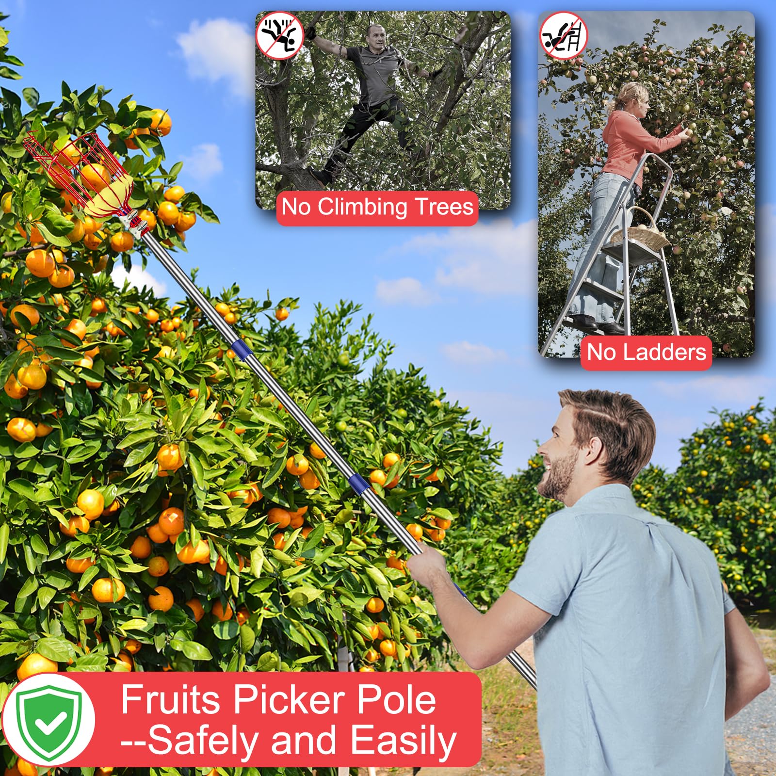 7 Feet Extendable Fruit Picker Pole with Metal Basket - 35-86 Inch Stainless Steel Harvesting Tool with Foam-Padded Clamp - Lightweight Fruit Picker for Apples, Mangoes, Pears, Lemons & Avocados - Perfect for Home Orchards, Backyard Harvesting & Tall Tree Fruit Picking