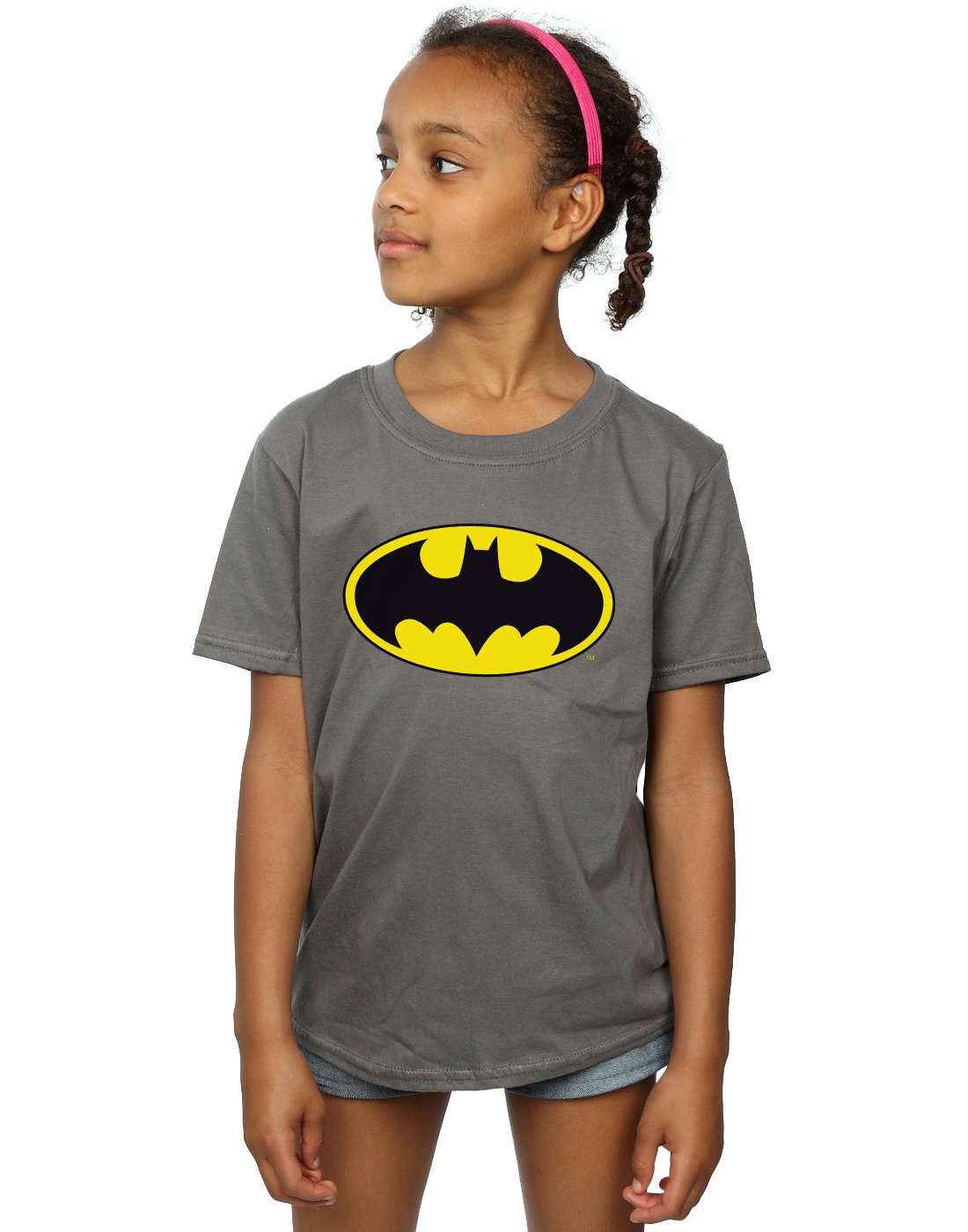 DC Comics Batman Logo Girls T-Shirt for Kids 7-8 Years - Charcoal Gray Superhero Tee for School, Play & Cosplay