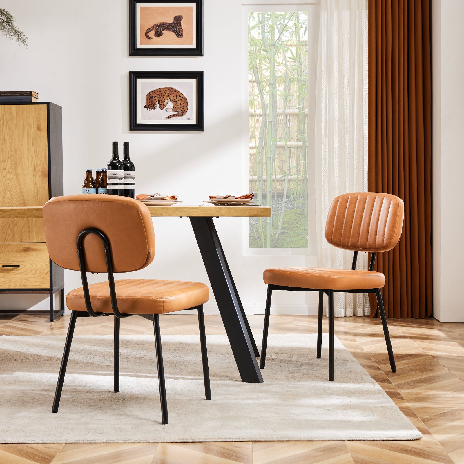 Mid Century Modern Upholstered Dining Chairs - Set of 2 Brown Faux Leather Cushion Seats with Metal Legs for Kitchen, Living Room & Dining Room | Stylish Comfort for Entertaining & Daily Meals