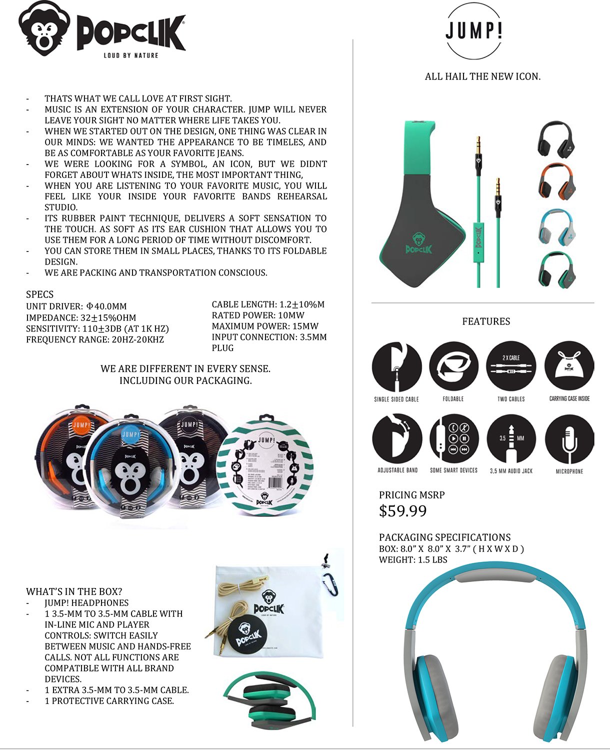 Jump! Lightweight Over-Ear Headphones - Green/Gray, 32 Ohms Impedance - Perfect for Gaming, Music & Travel