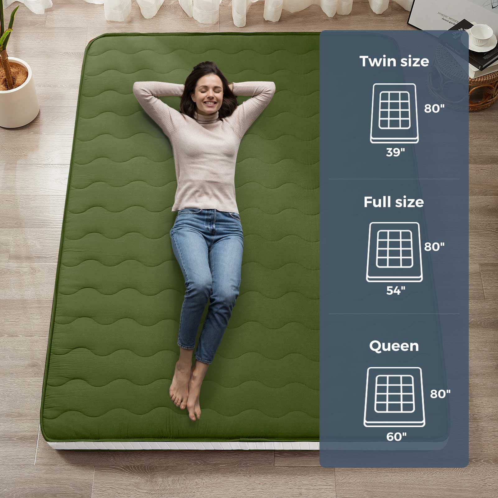 MAXYOYO 6-Inch Extra Thick Japanese Floor Futon Mattress - Premium Diamond Quilting Design for Bedroom, Guest Room & Small Spaces - Green (Queen Size) | Ideal for Apartments, Dorms, Sleepovers & Minimalist Living