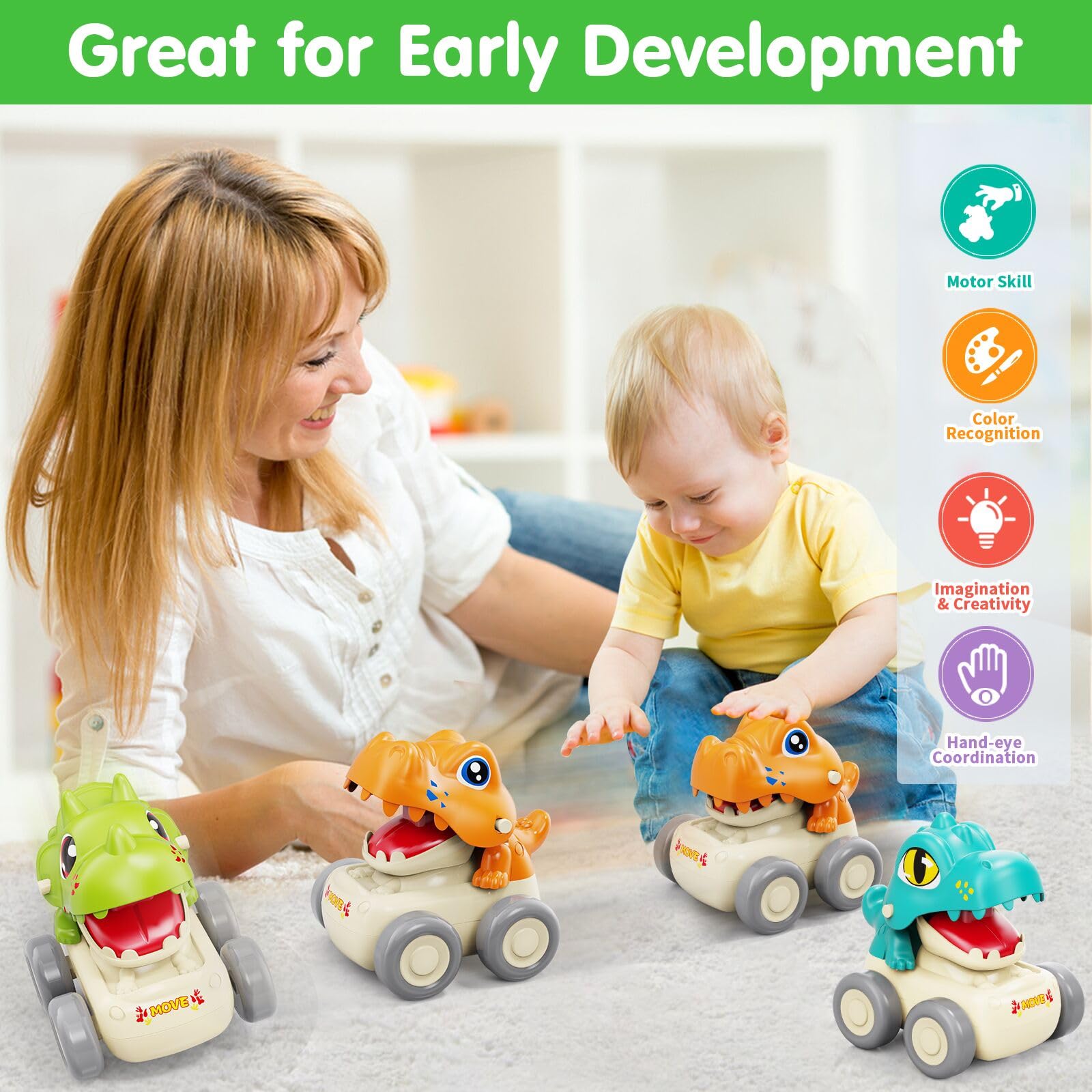 MOONTOY Baby Dinosaur Push and Go Car Toys for 1-3 Year Old Boys & Girls - Toddler Learning Toys for Ages 1-2 - First Birthday Gifts & Easter Basket Stuffers - Perfect for Playtime, Early Learning & Sensory Development