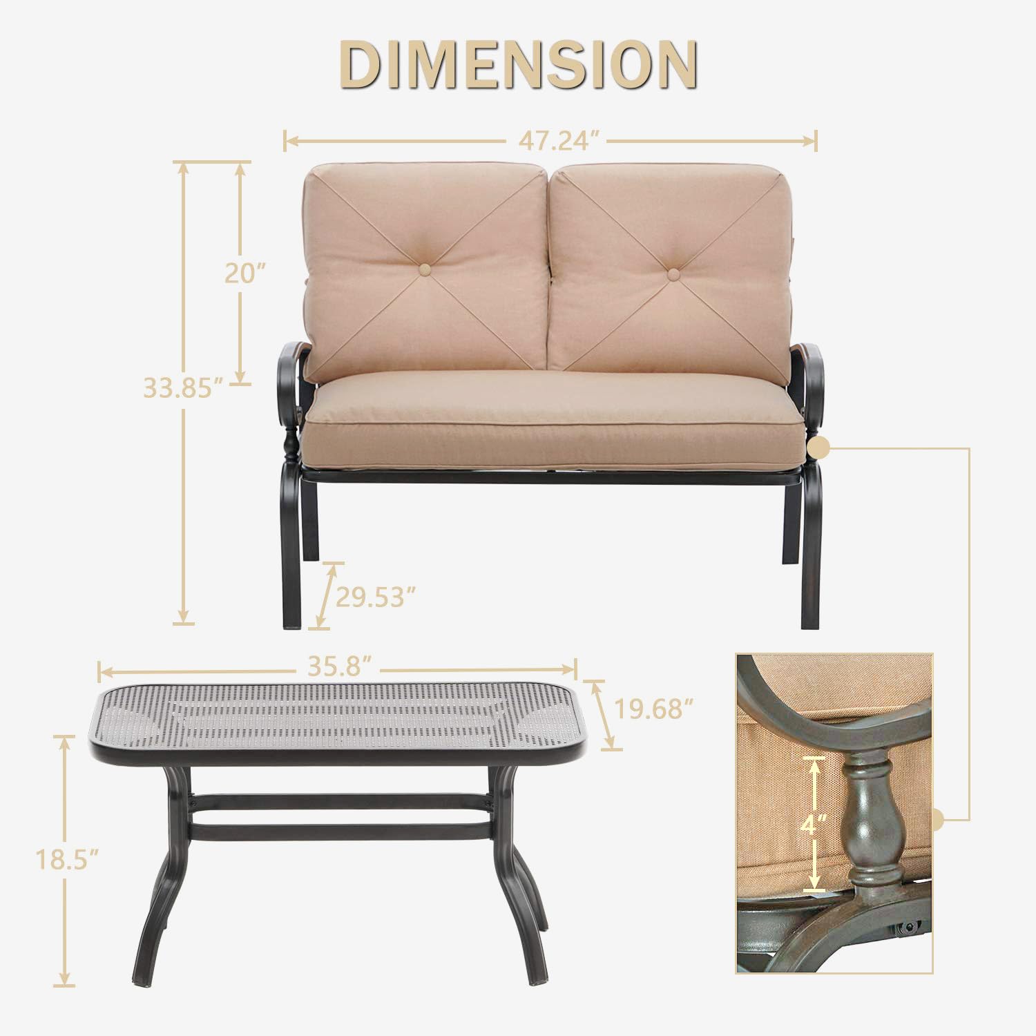 SOLAURA 2-Piece Outdoor Loveseat Set with Coffee Table - Wrought Iron Frame & Brown Cushions - Patio Furniture for Garden, Backyard, Poolside or Balcony