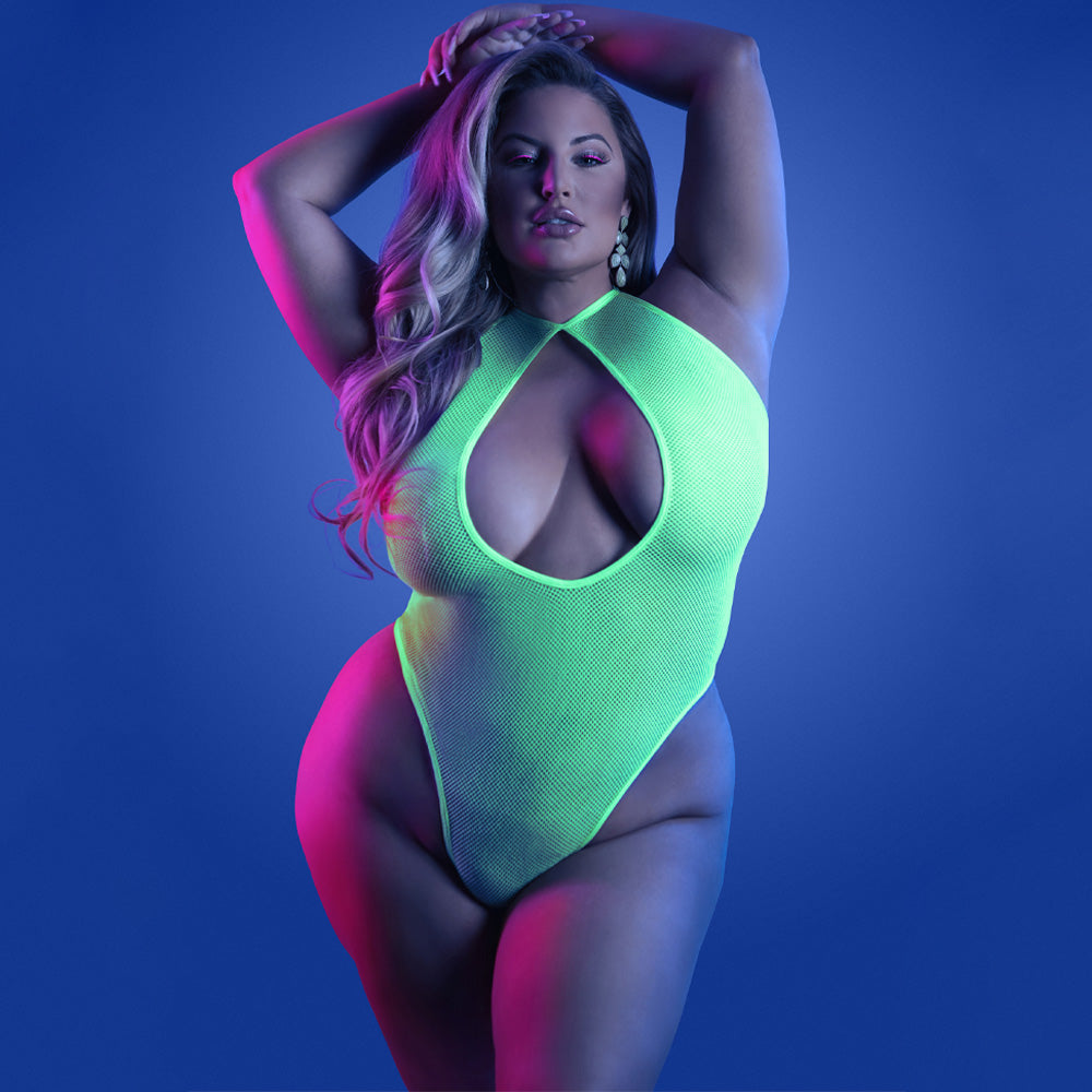 Fantasy Lingerie Glow in The Dark Halter Keyhole Thong Teddy for Women - Sexy Nightwear for Curvy Figures | Perfect for Date Night & Boudoir Photography