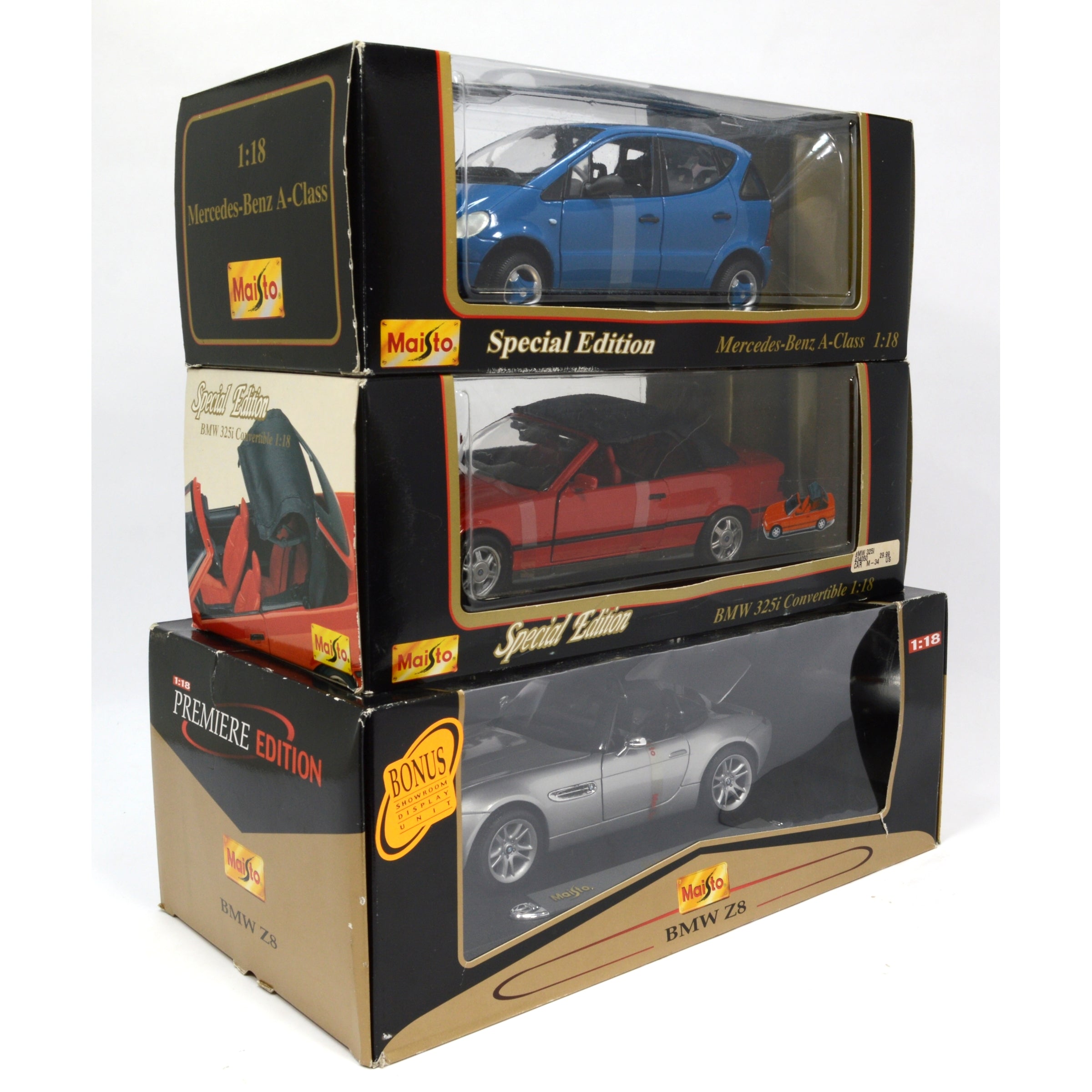 3-Piece Maisto Diecast Car Collection - 1:18 Scale BMW Z8, 325i Convertible & Mercedes A-Class - Premium Model Cars for Display, Collecting & Gifting