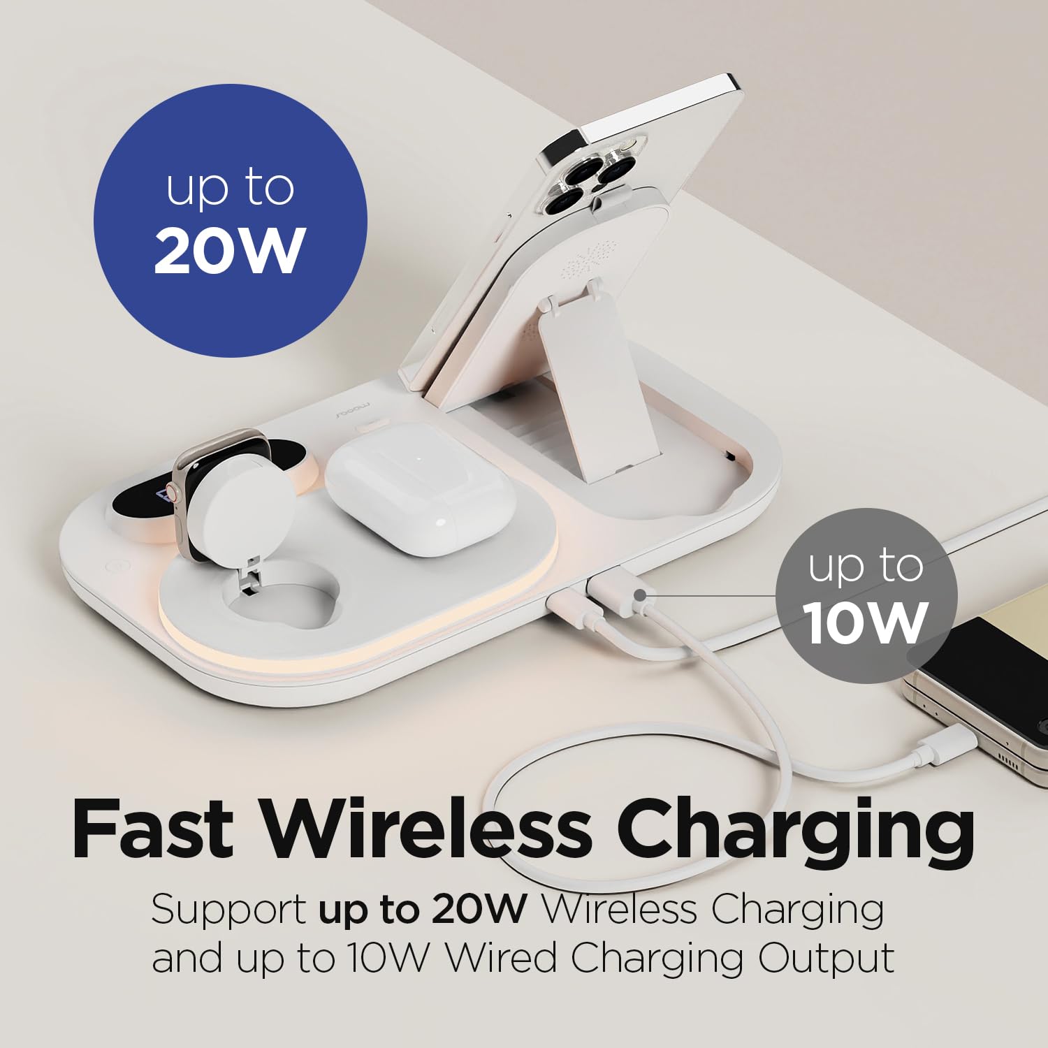 MOOAS 4-in-1 Fast Wireless Charging Station with LED Digital Clock & Night Light - Qi-Certified Charger for iPhone 15/14, Galaxy S24/S23, AirPods, Galaxy Buds & Apple Watch - Perfect for Bedroom, Office & Travel Charging Needs