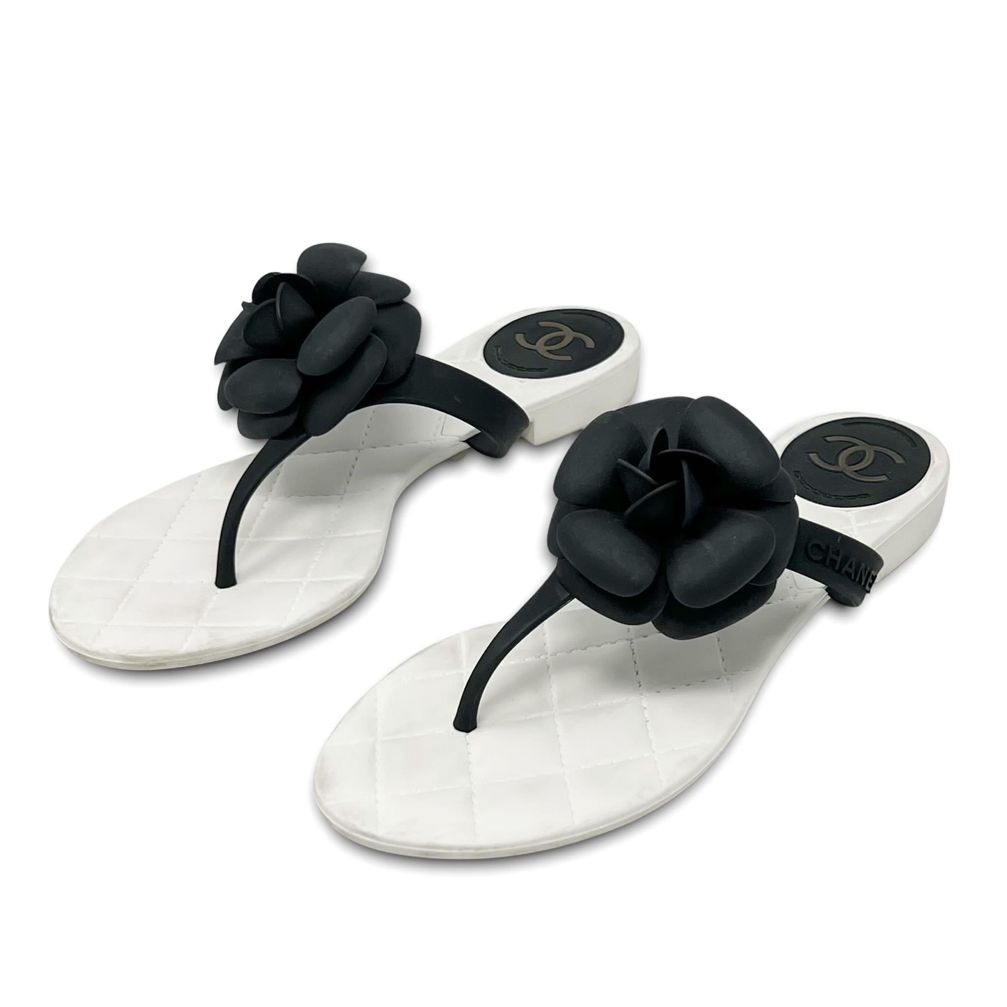 Chanel Black Camellia Rubber Sandals Size 38 - Women's Luxury Flip Flops for Beach, Pool & Summer Vacations