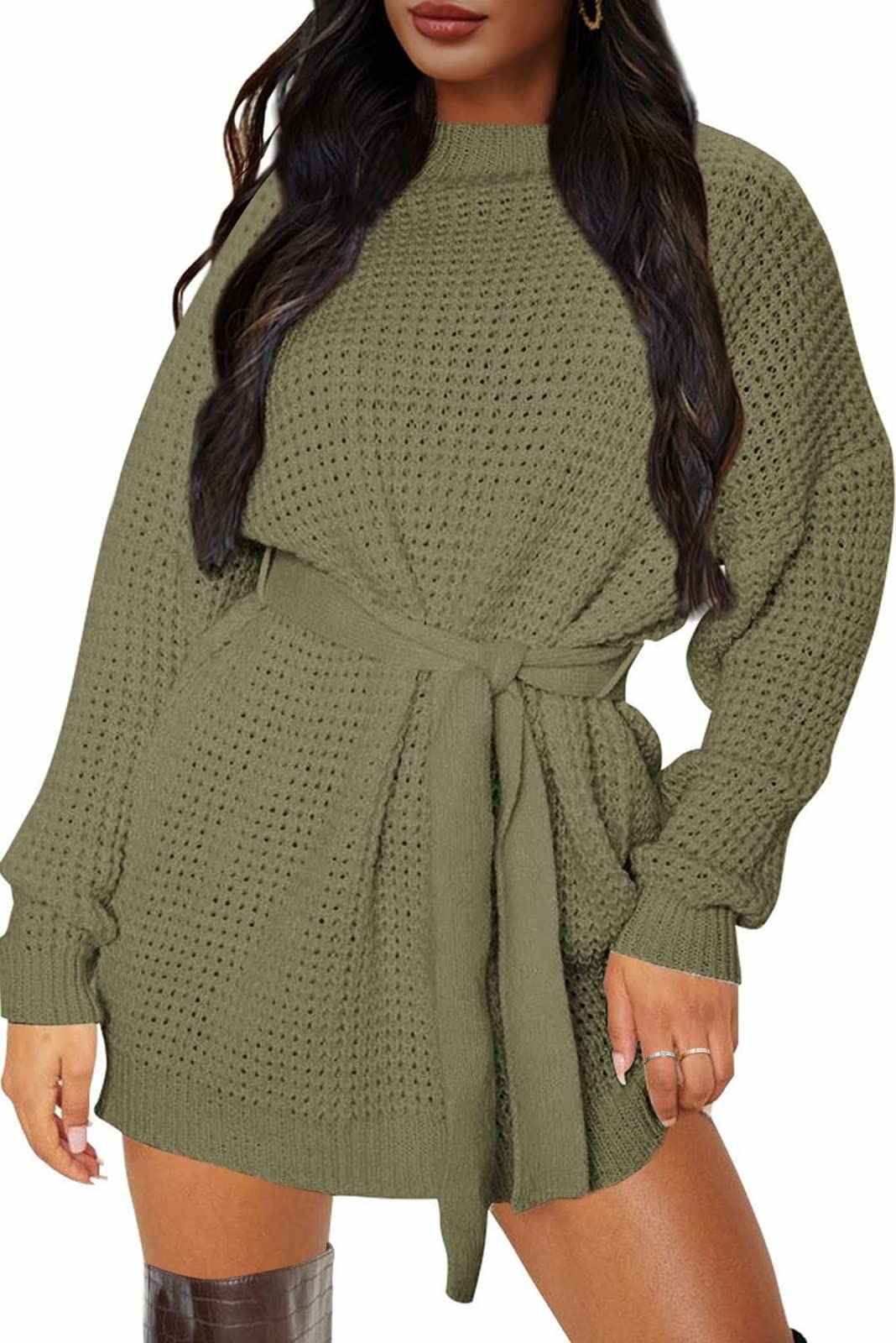 ZESICA Women's Long Sleeve Waffle Knit Tie Waist Tunic Sweater Dress - Fall Winter Pullover Casual Outfit for Work, Date Night & Holiday Season