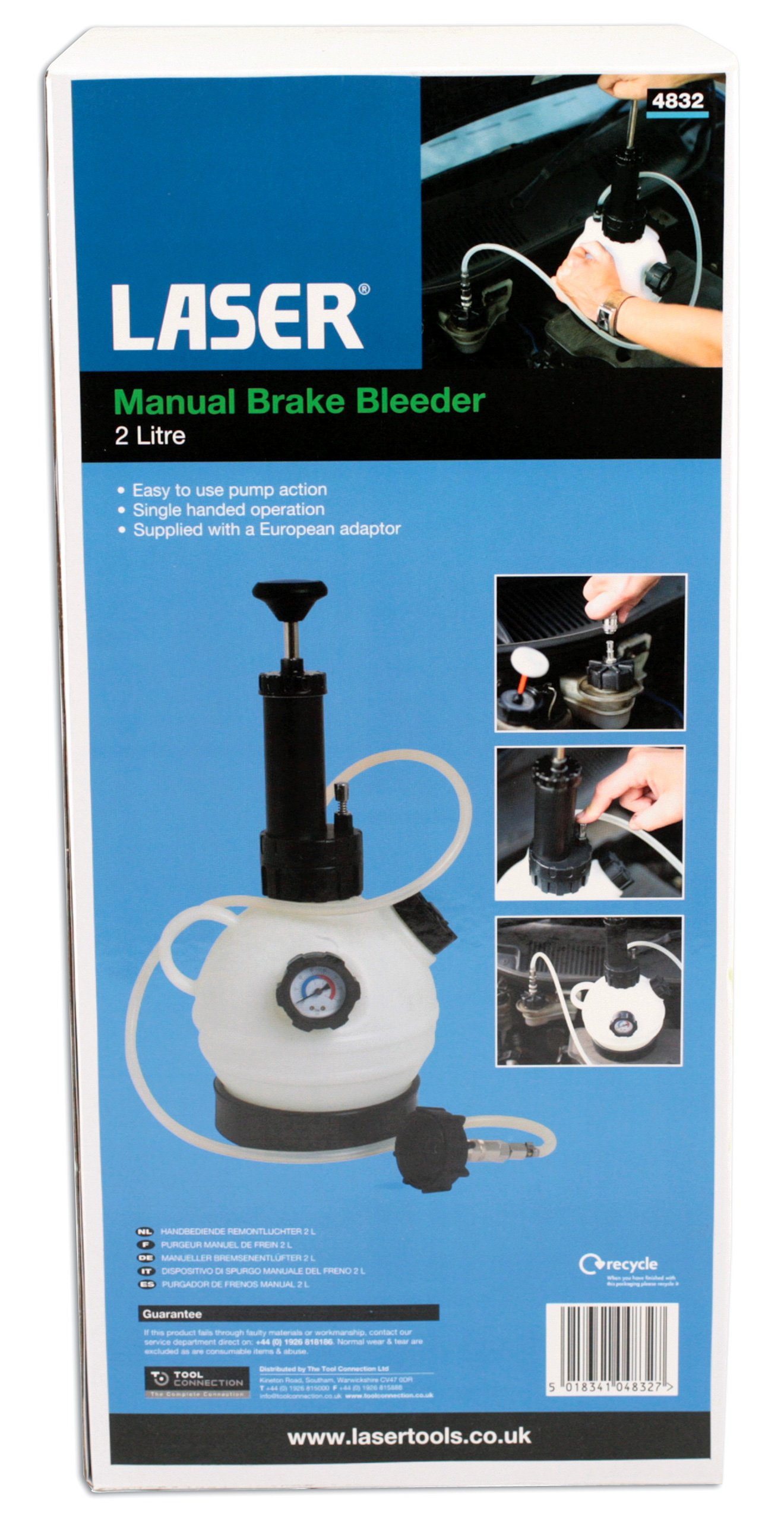 Laser 4832 Manual Pressure Brake Bleeder Kit - 2 Liter Capacity for Car & Motorcycle Brake Fluid Bleeding - Perfect for DIY Auto Repair & Maintenance