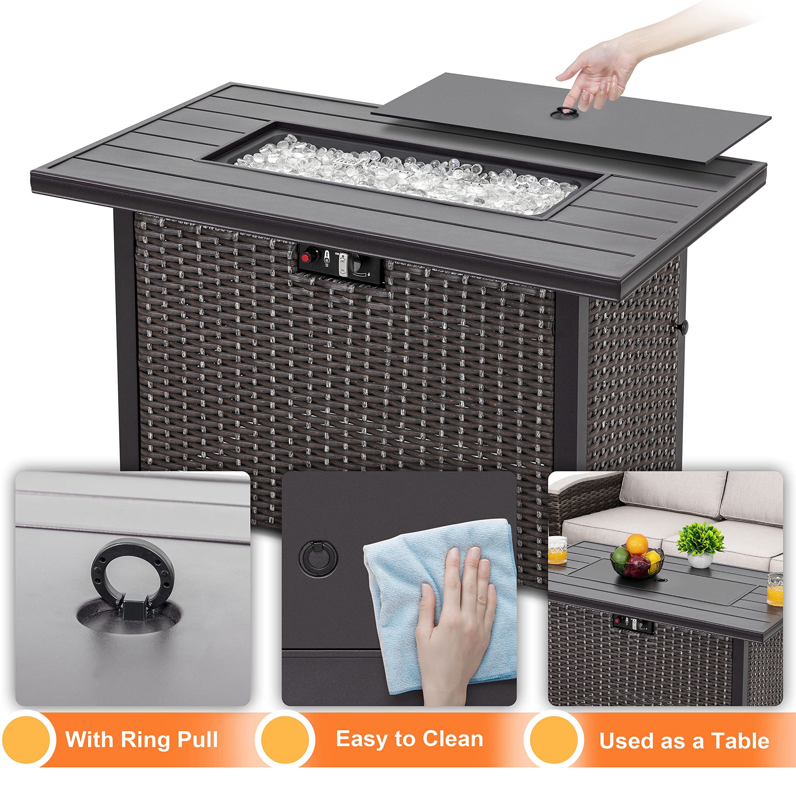 43 Inch Nuu Garden Outdoor Propane Fire Pit Table - 50,000 BTU, Aluminum Top & PE Rattan Steel Frame, Waterproof Cover, Glass Beads, Lid - Dark Brown for Patio, Backyard, Deck, and Outdoor Gatherings