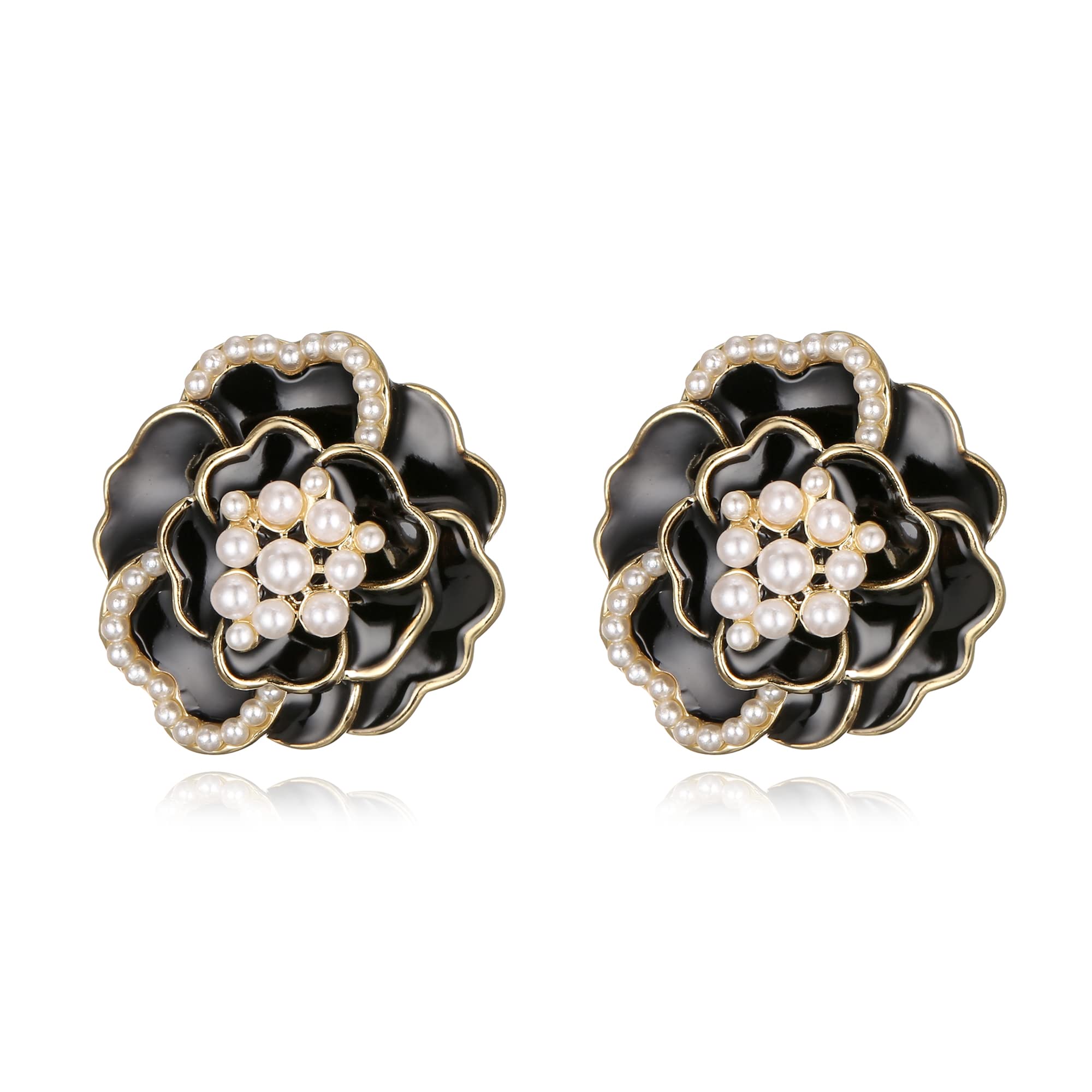 BriLove Fashion Simulated Pearl Enamel Rose Flower Stud Earrings for Women - Elegant Jewelry Gift for Brides, Party & Everyday Wear