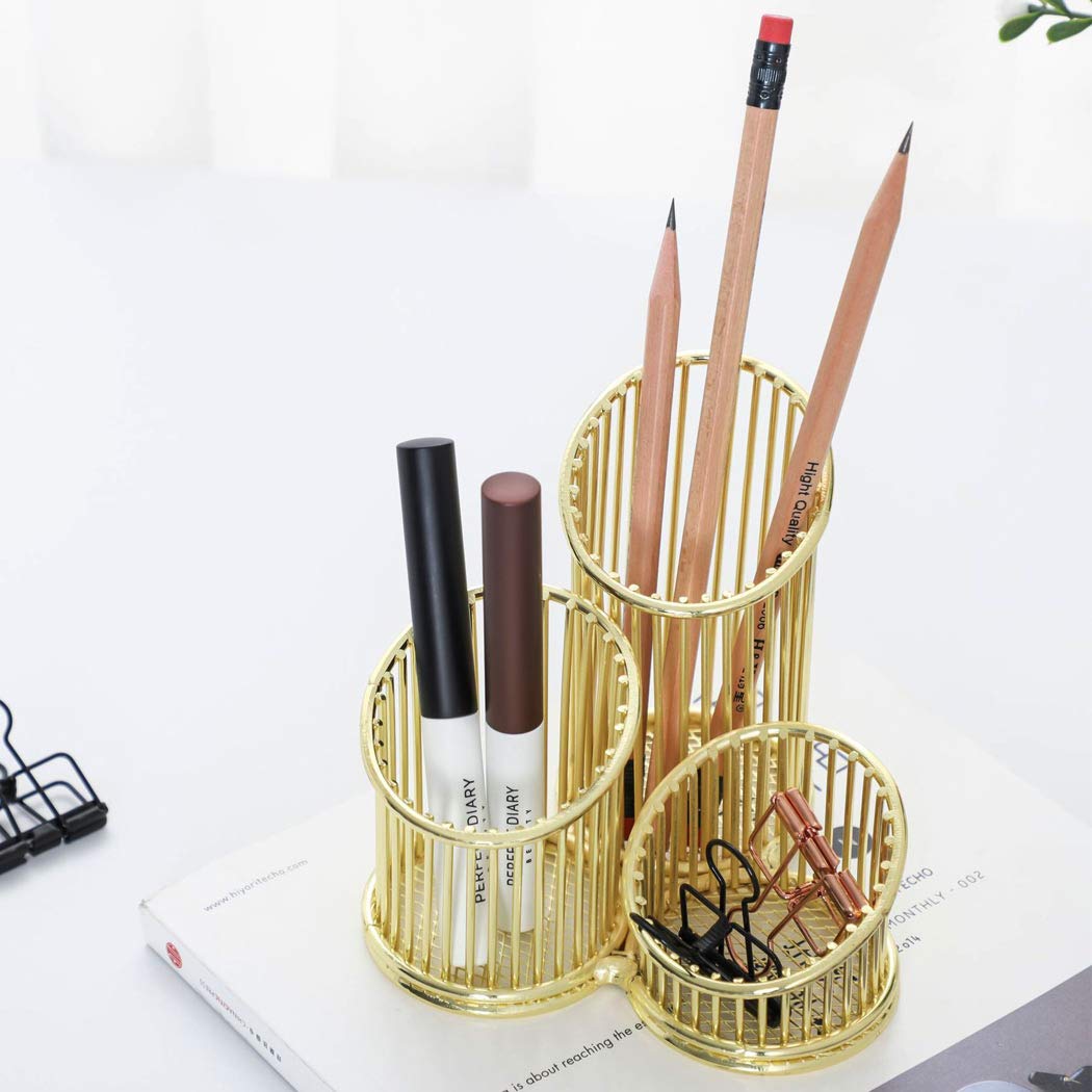 Golden Wrought Iron Pencil Holder - 3 Compartment Pen Organizer for Office, Classroom & Home | Perfect for Storing Pens, Pencils, Makeup Brushes & Art Supplies | Durable Desk Organizer for Work, Study & Beauty Routine