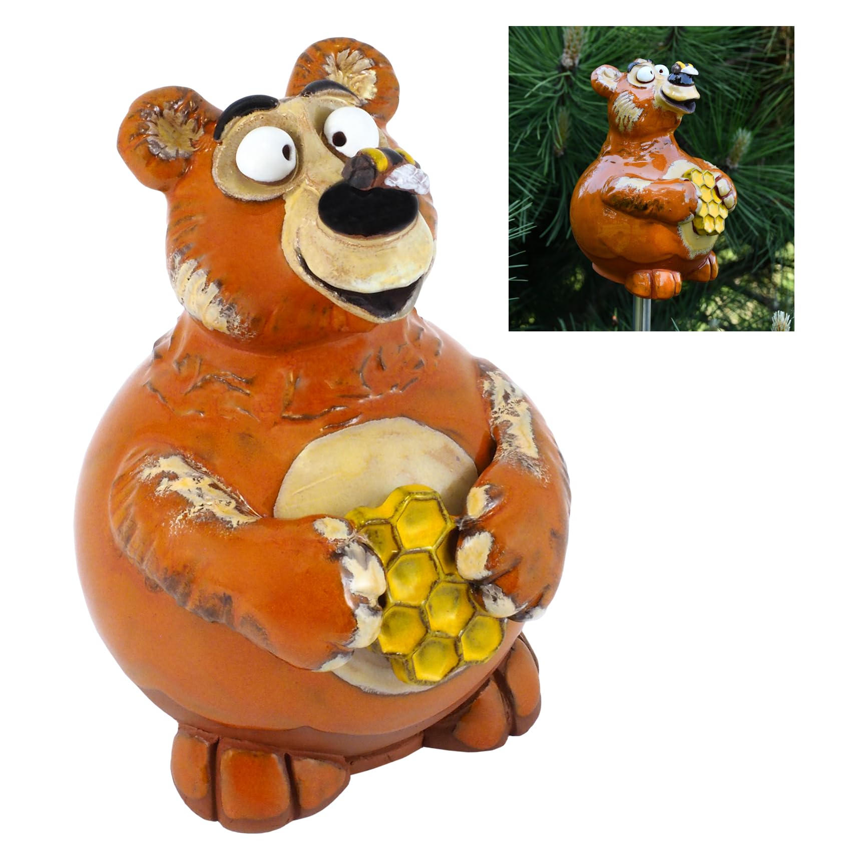 Handmade Frostproof Ceramic Bear Lawn Stake - Unique Outdoor Garden Statue Decor for Men & Women - Perfect Gift for Gardeners, Yard & Patio Decoration - Ideal for Outdoor Weddings, Landscaping & Backyard Decor