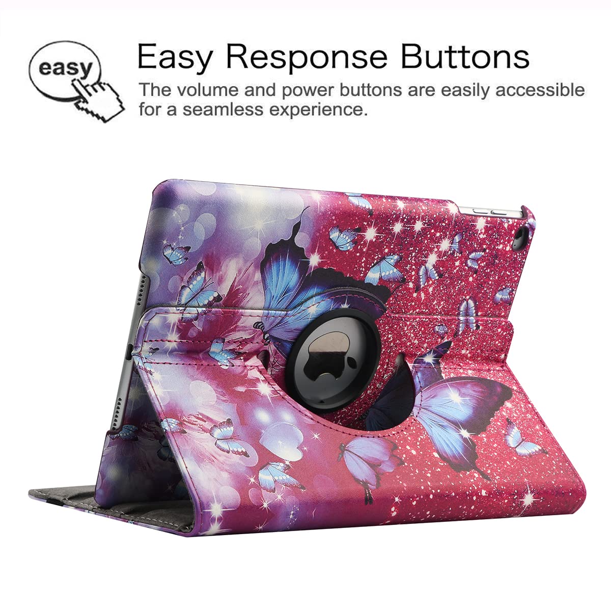 Premium 360° Rotating Multi-Angle Stand Case for iPad 9.7 5th/6th Gen (2017/2018), iPad Air 2 & Air 1 - Auto Sleep/Wake Folio Cover with Butterfly Design (Purple) - Perfect for Work, Study & Entertainment