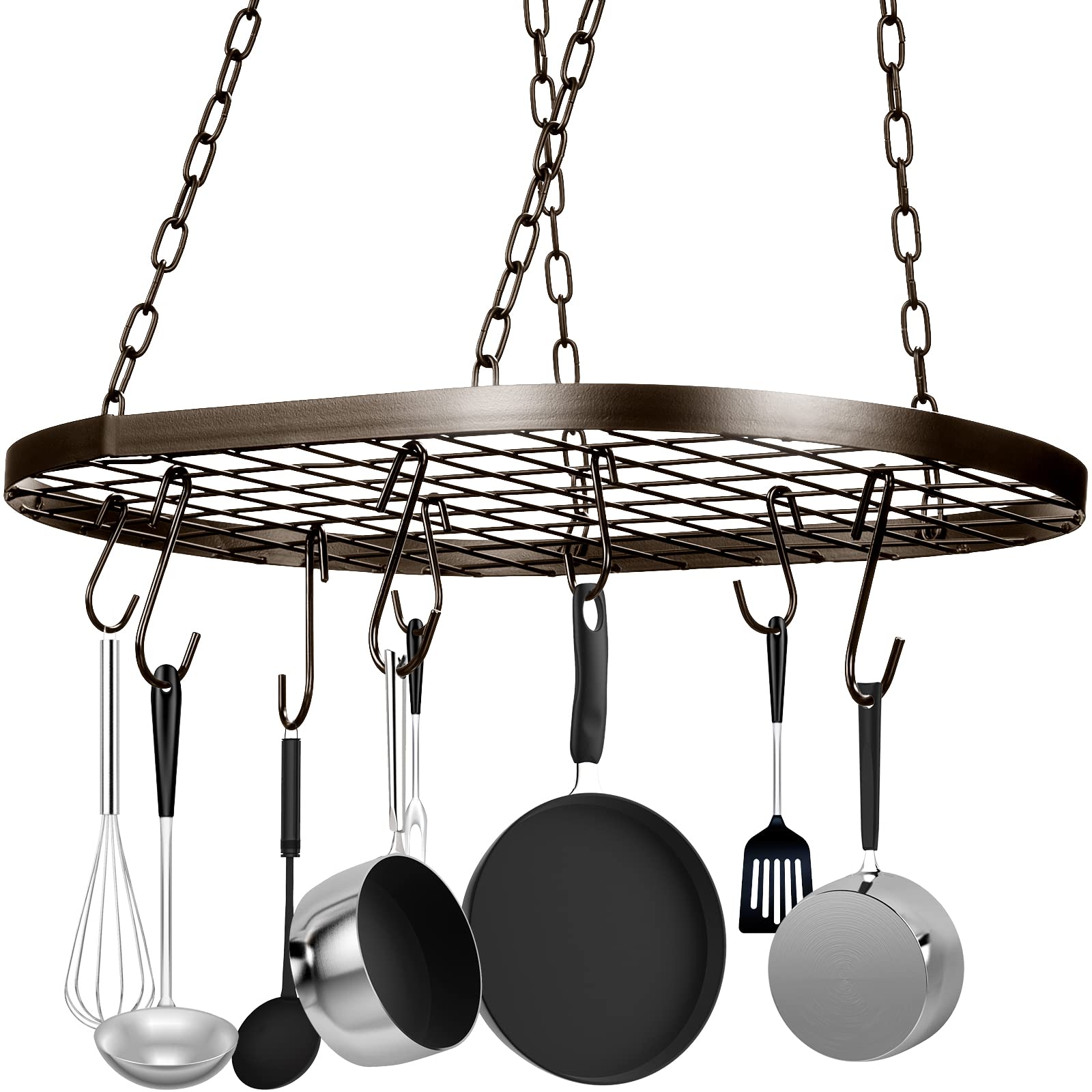 Patelai 20 Inch Oval Bronze Ceiling Hanging Pot Rack with Hooks - Perfect for Kitchen Organization & Space Saving Storage