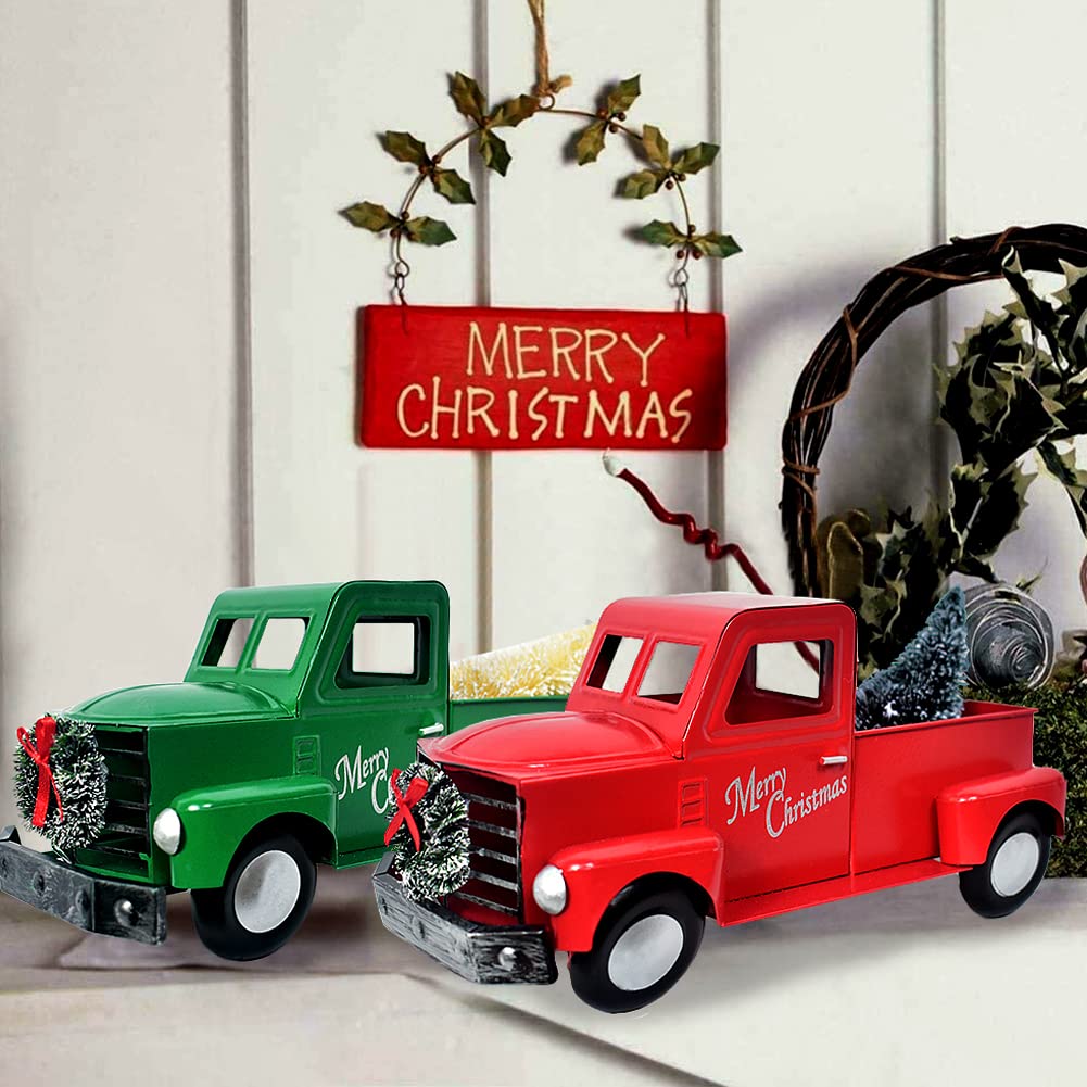 MINILIFE 2-Piece Vintage Red Metal Pickup Truck Set - Christmas Farm Truck Planter & Home Decor (Red & Green) - Perfect for Holiday Decorations, Garden Planters, and Rustic Home Accents