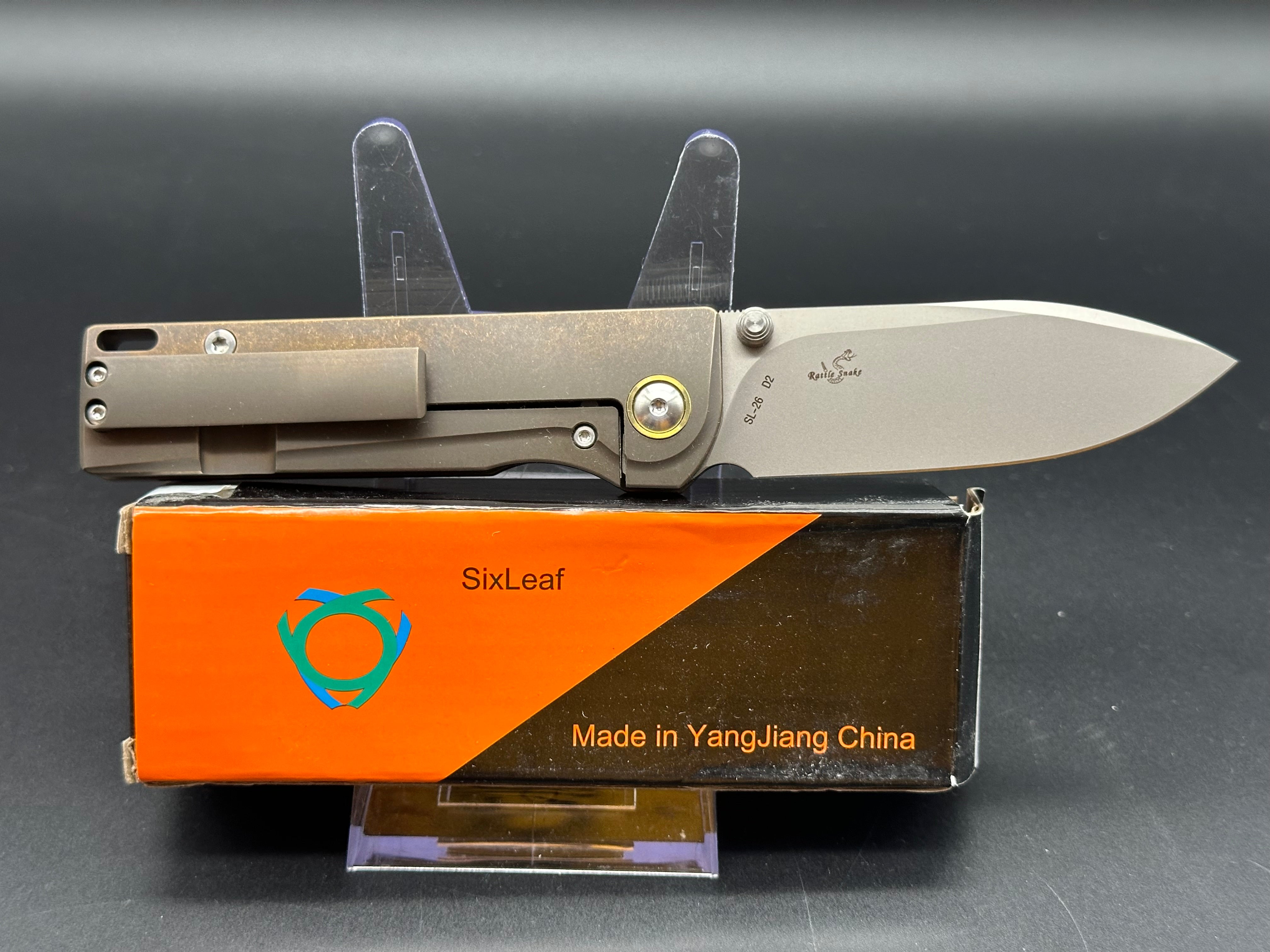 SixLeaf SL-26 Sand Rattle Snake Pocket Knife - D2 Steel Plain Edge Blade with Sandwashed Titanium Handle - EDC, Camping, Hunting & Outdoor Survival Tool