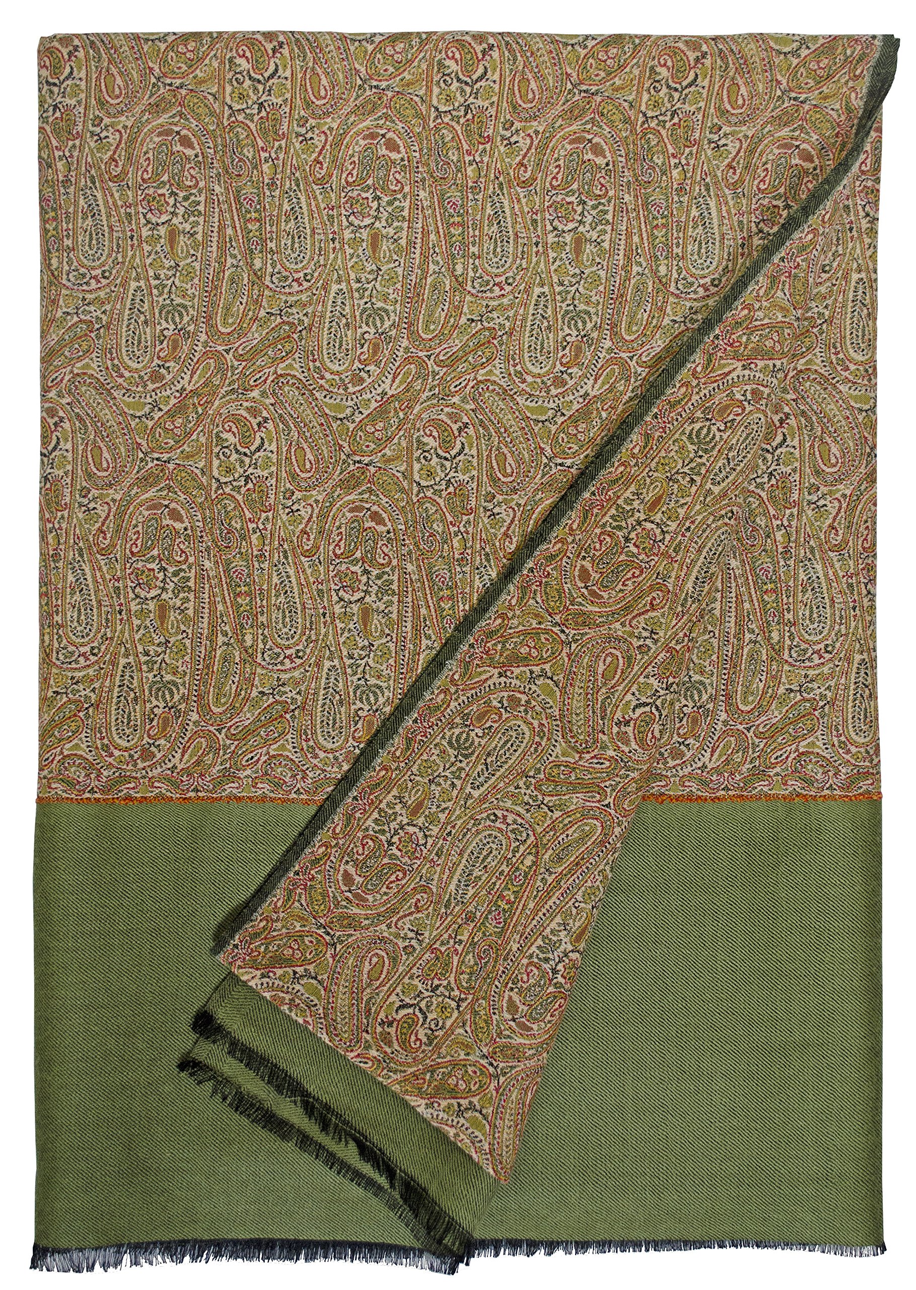 Luxury Woven Paisley Wool Jamawar Shawl Wrap - Multi-Color Green Border - Perfect for Home Decor, Winter Fashion & Gift Giving