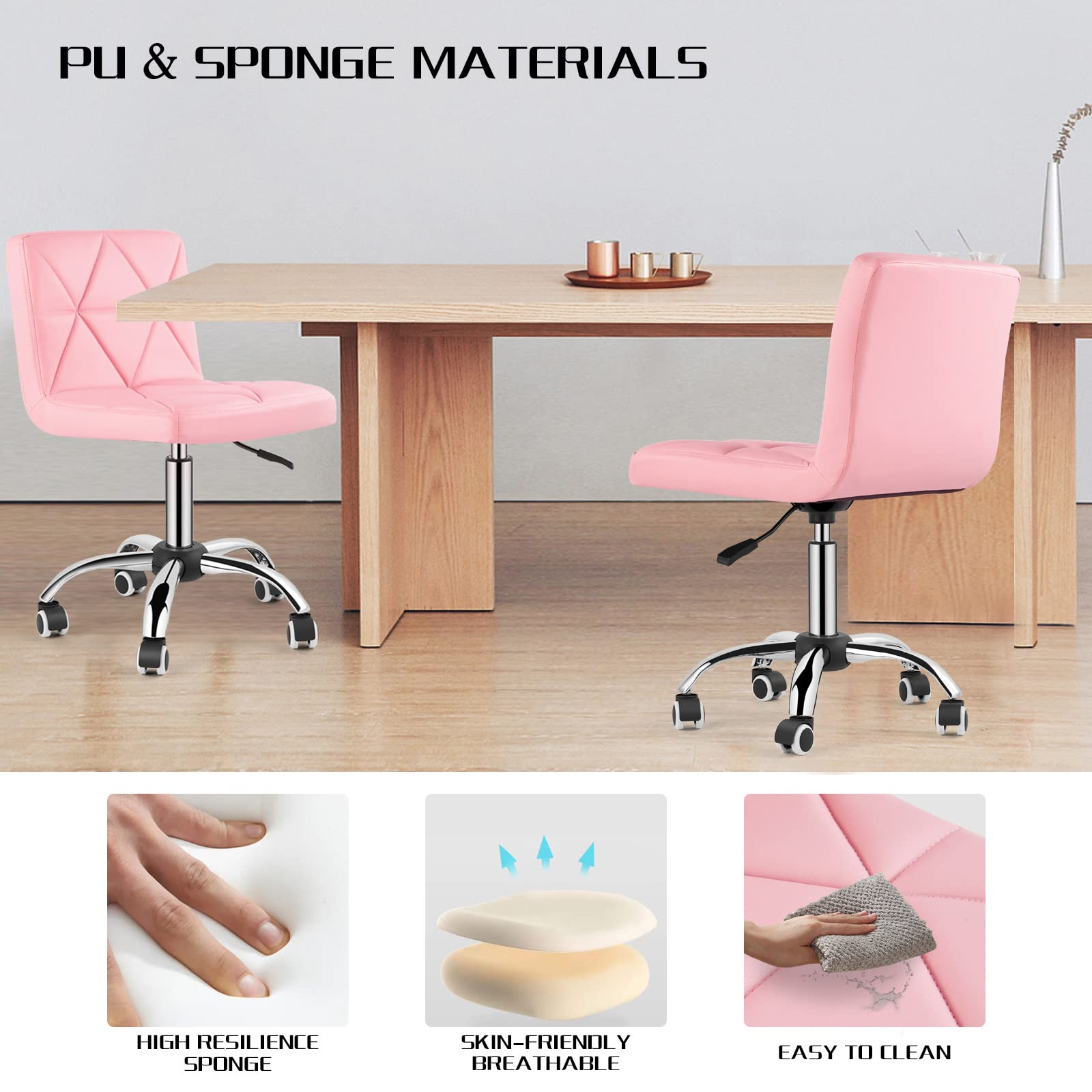 2-Pack COSVALVE Armless Low Back Swivel Office Chairs - Adjustable Task Chairs with Rolling Wheels & Diamond Pattern - Perfect for Home Office, Computer Work & Barber Shops (Pink)