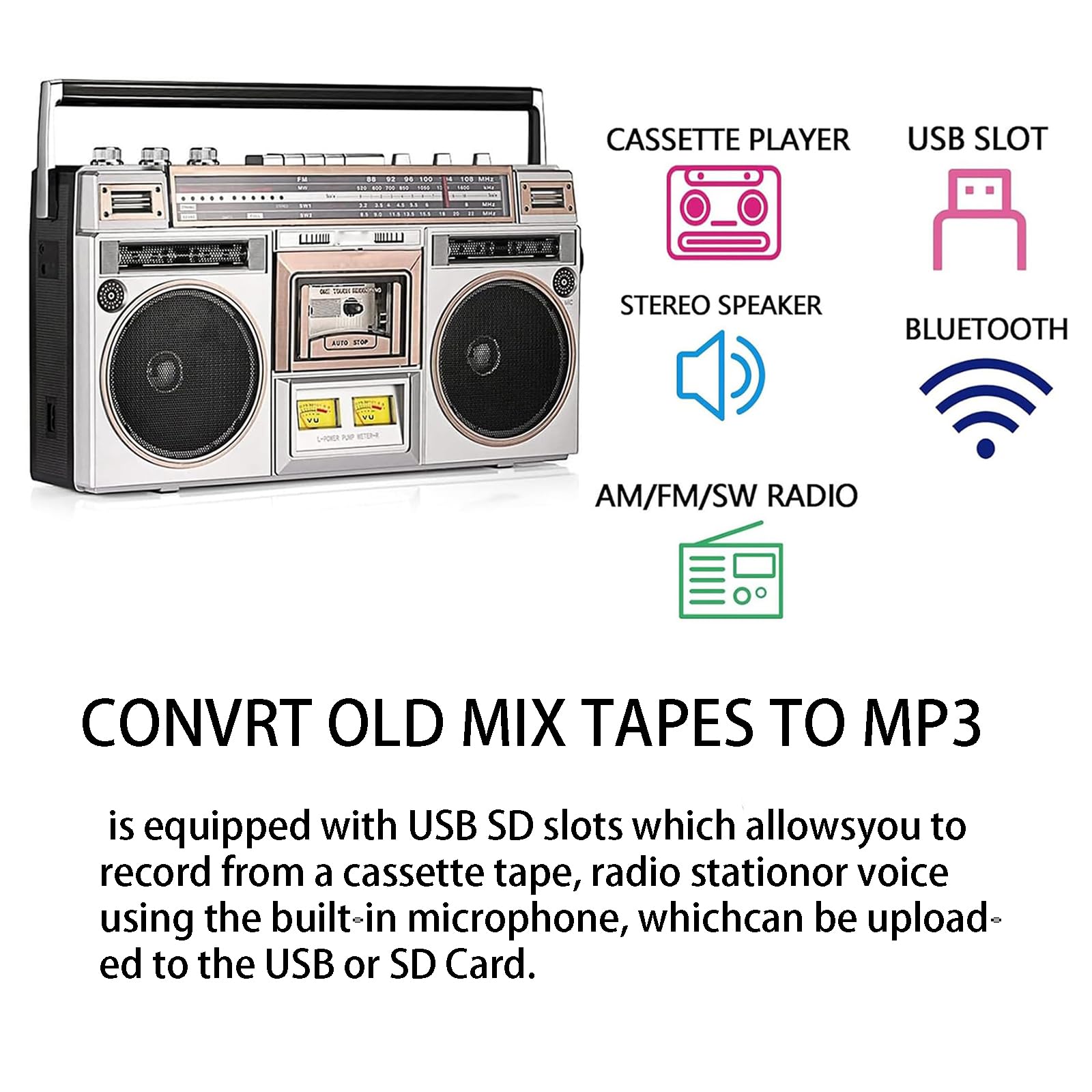 Retro 80s Style Portable CD Player Boombox with Cassette, FM Radio, SD/USB Input & 2 Speakers - 10M Transmission - Perfect for Home Parties, Outdoor Picnics & Travel