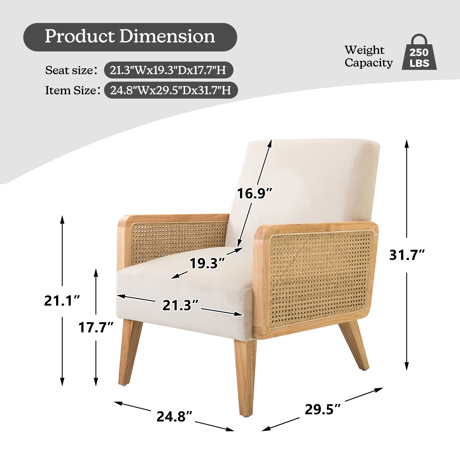 Mid Century Modern Accent Chair with Rattan Armrest & Wood Legs - Comfy Upholstered Lounge Armchair for Living Room, Bedroom, Reading Nook - Beige Home Decor | Perfect for Hosting Guests & Relaxing