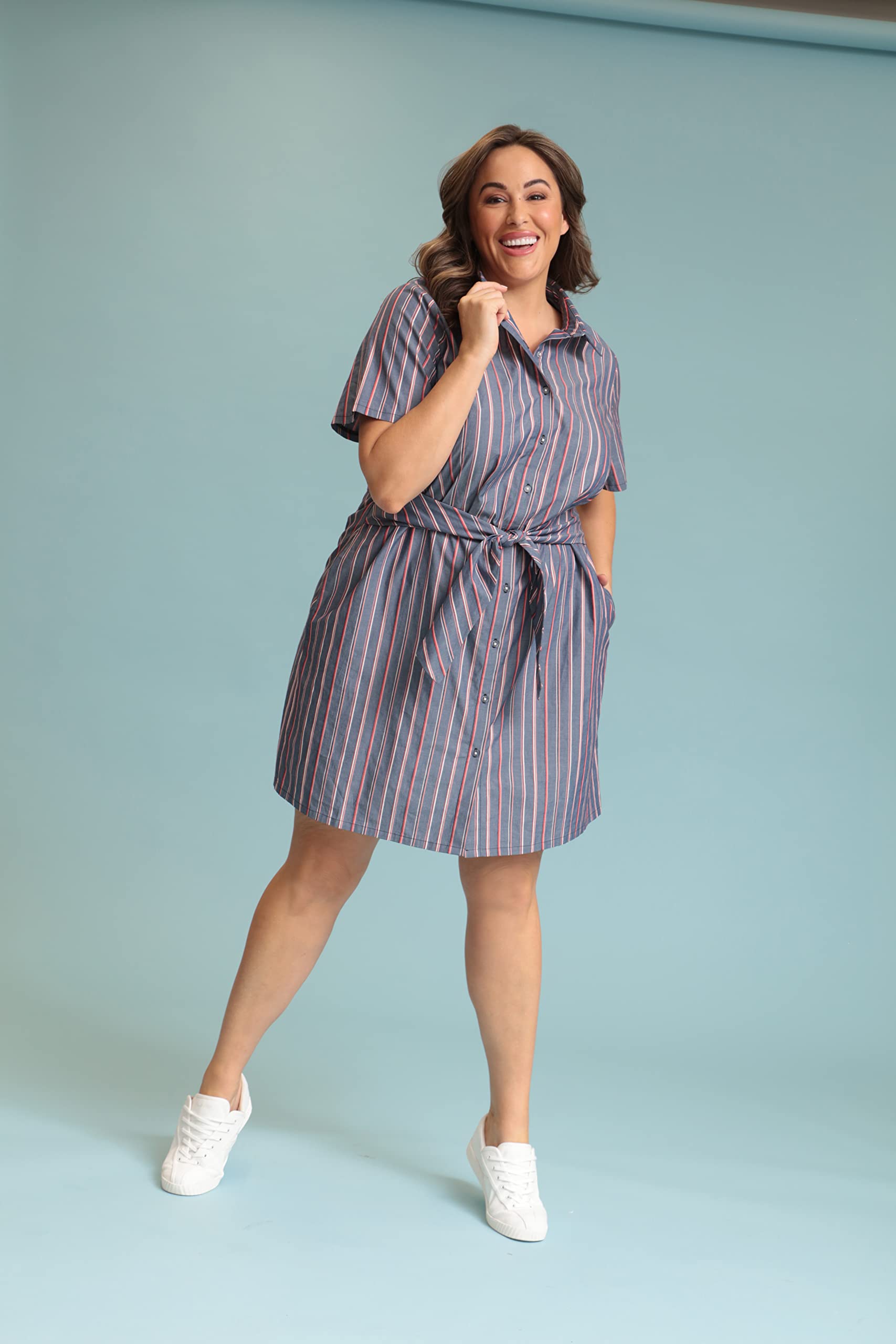 London Times Women's Short Sleeve Shirt Dress with Waist Tie - Stylish Casual Summer Dress for Office, Beach & Date Night