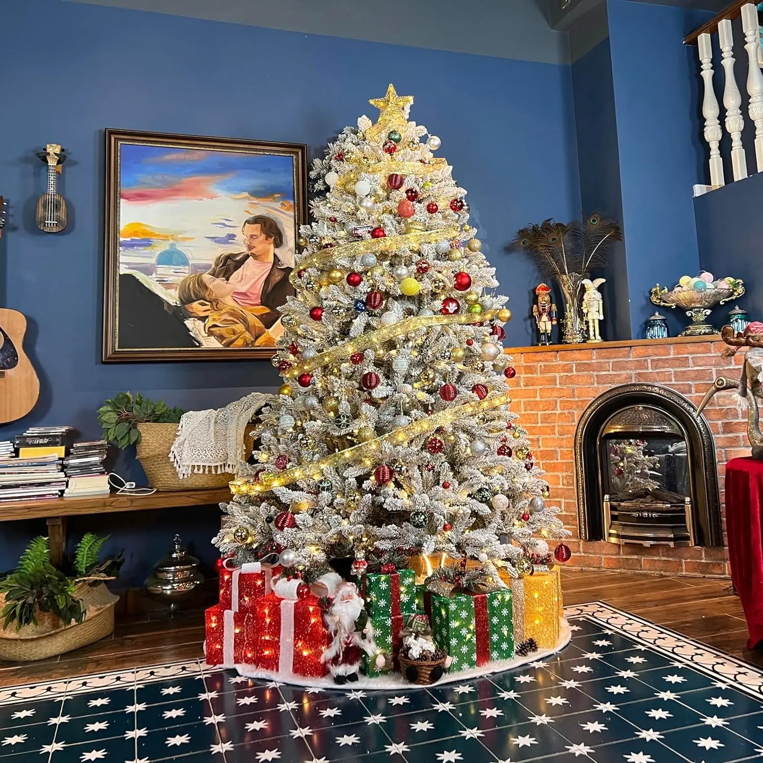 6.5'/7.5' Pre-Lit Snow Flocked Artificial Fir Christmas Tree with Pine Cones & Berries - PVC Branch Tips, Warm White LED Lights, Metal Stand & Hinged Branches for Holiday Home Decor, Office & Christmas Party Decoration