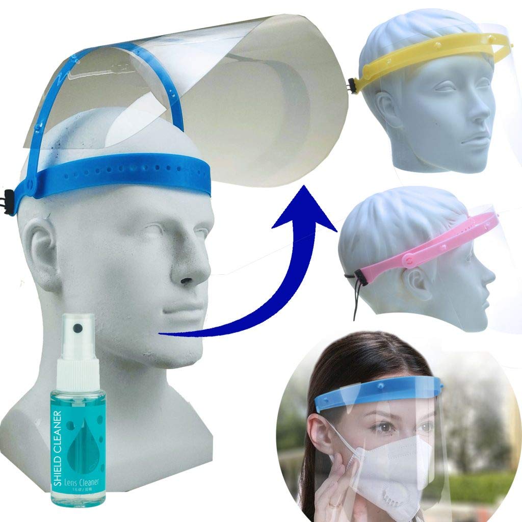 ProSPORT 50 Pack Blue Flip-Up Clear Face Shield - Adjustable One-Size-Fits-All Protection Against Spray & Liquids - Includes 2 Cleaning Bottles - Ideal for Healthcare, Construction & Industrial Safety Use