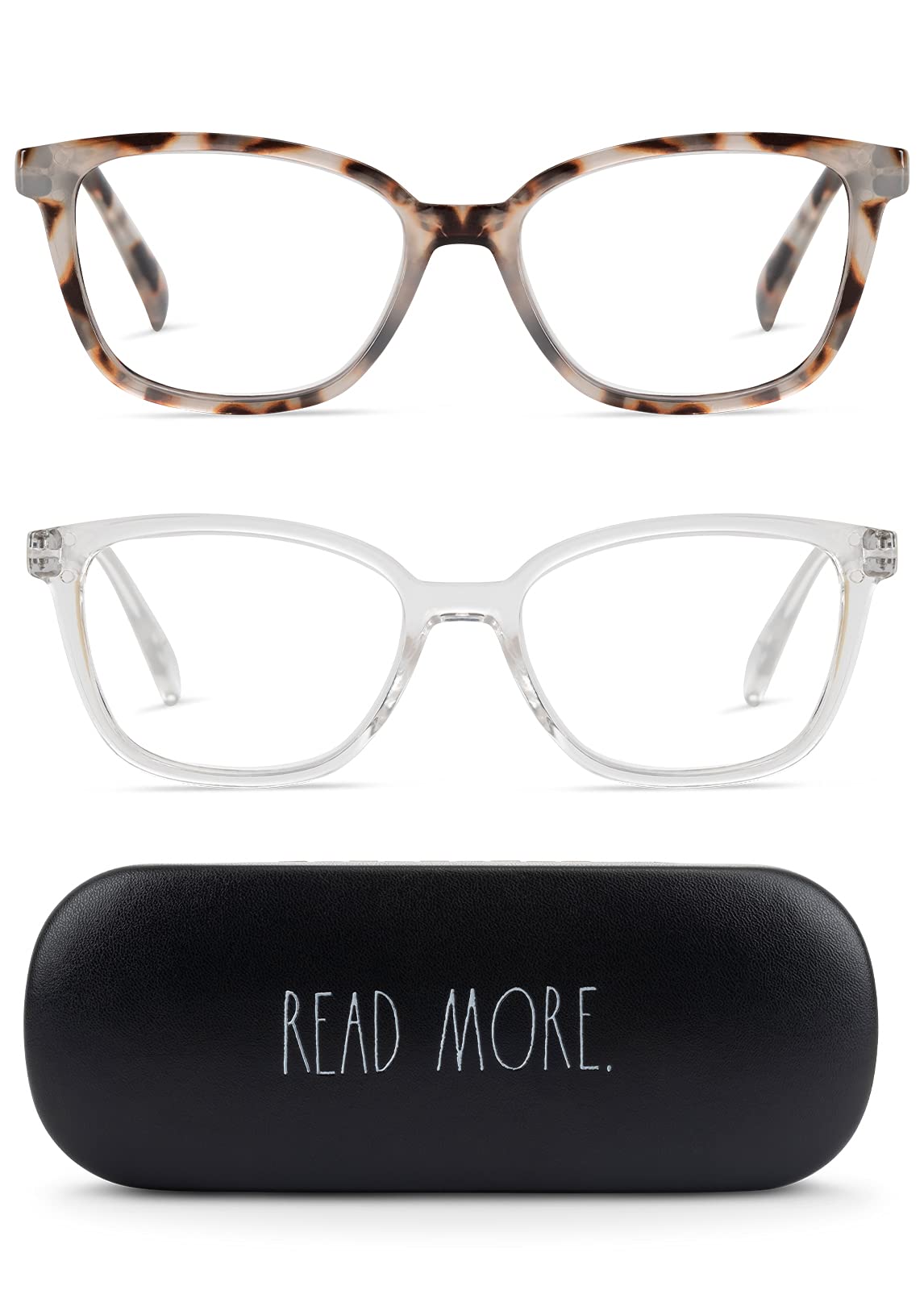 Rae Dunn Blue Light Blocking Reading Glasses - 2 Pack with READ MORE Signature Font Hard Case | Computer Glasses for Women & Men | Perfect for Office Work, Screen Time & Night Reading
