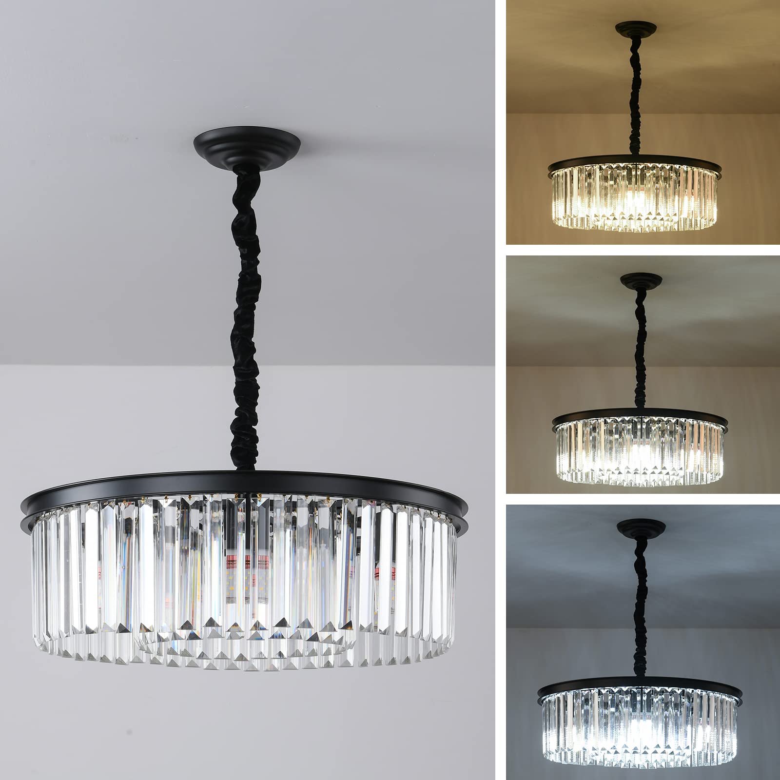 Modern Black Crystal Chandelier - 2-Tier Round Flush Mount Ceiling Light with Adjustable Height - Elegant Pendant Lighting for Dining Room, Living Room, Bedroom, Kitchen & Hotel Foyer - Perfect for Home Decor, Wedding Venues and Luxury Interior Design
