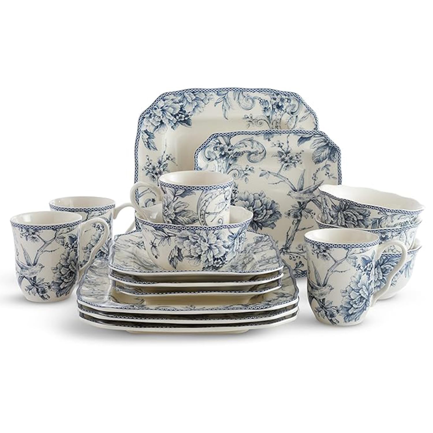 222 Fifth Adelaide 16-Piece Square Floral Dinnerware Set – Blue & White Porcelain Plates & Bowls, Service for 4, Microwave & Dishwasher Safe, Chip Resistant – Perfect for Everyday Dining, Family Gatherings & Elegant Entertaining