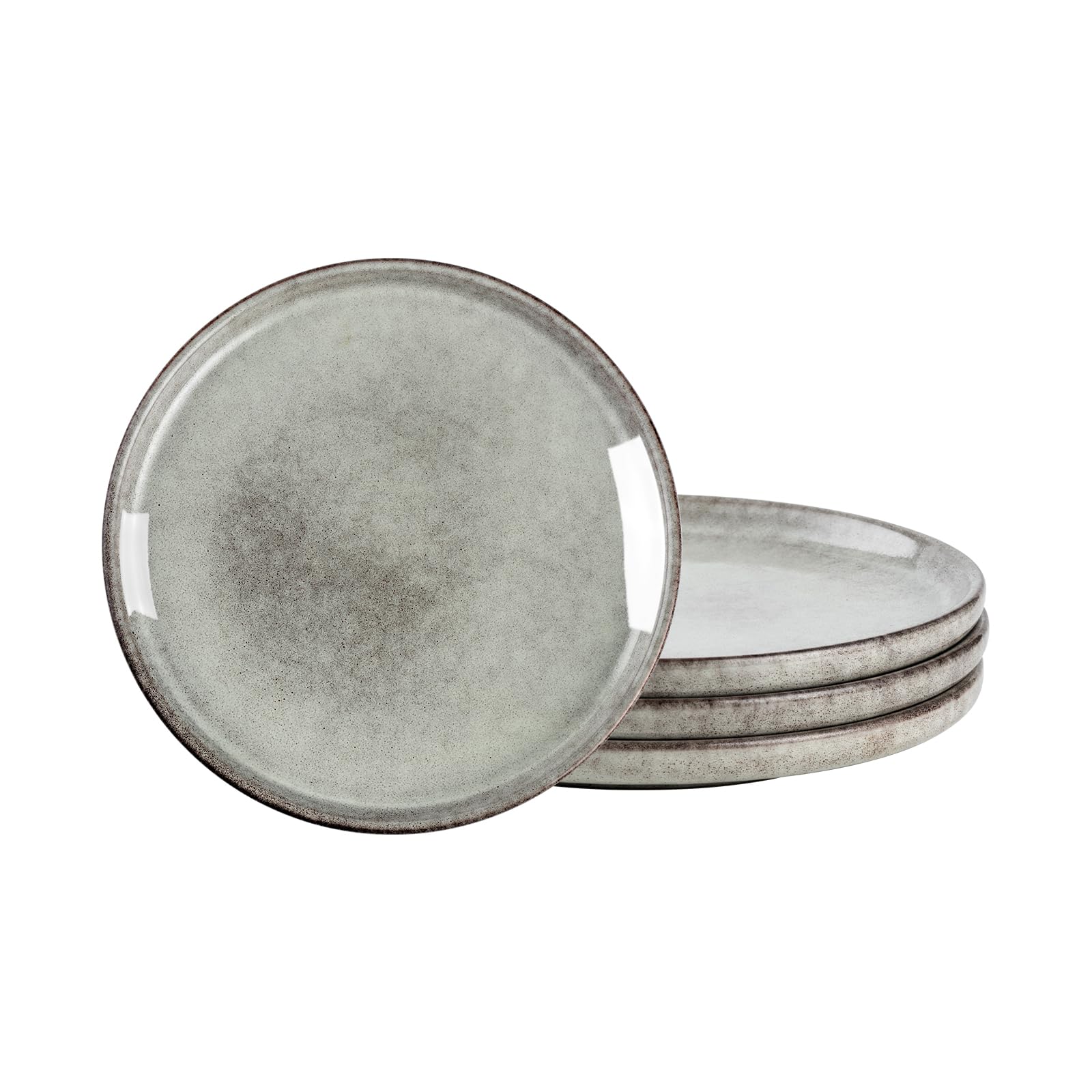 Henten Home 8 Inch Ceramic Dessert Plates Set of 4, Porcelain Salad & Snack Plates with Fluted Edge, Scratch Resistant Stoneware Dishes with Reactive Glaze (Grey) - Perfect for Cake Serving, Kitchen Dining, and Party Entertaining