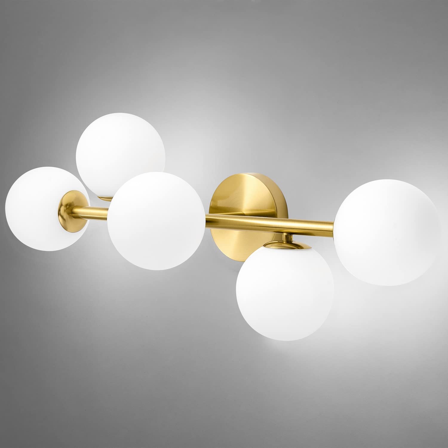 Vintage Brass Bathroom Vanity Lights - 5-Light Mid Century Modern Fixture with Milk Glass Globes, Gold Finish, G9 Base - Perfect for Bathroom, Powder Room & Dressing Area Lighting