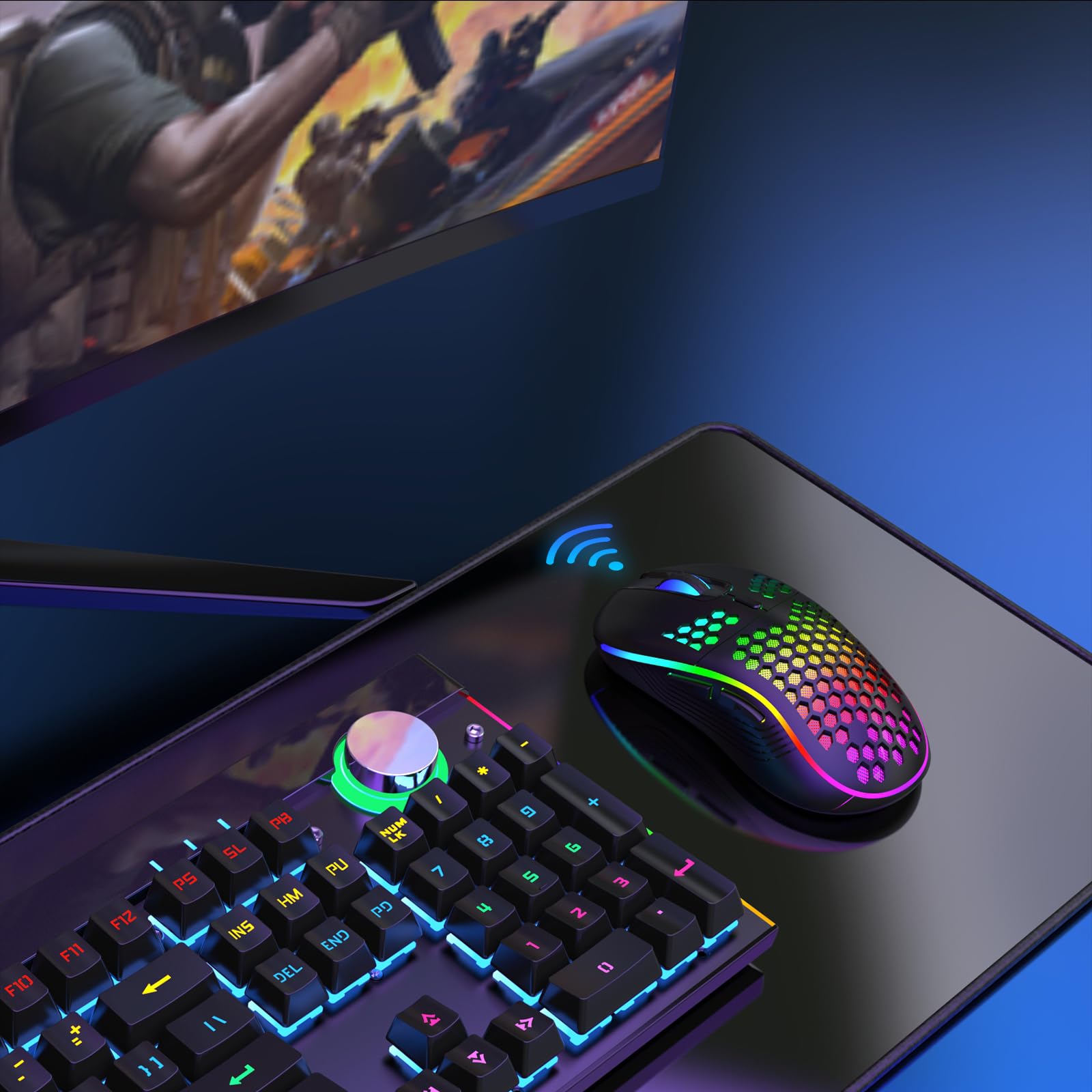 Wireless Gaming Mouse - Rechargeable Ergonomic Honeycomb Design with RGB Backlight, 7 Programmable Buttons, Adjustable DPI (1600-10000), USB Receiver for PC, Mac, Laptop - Perfect for FPS, MOBA Games & Office Work