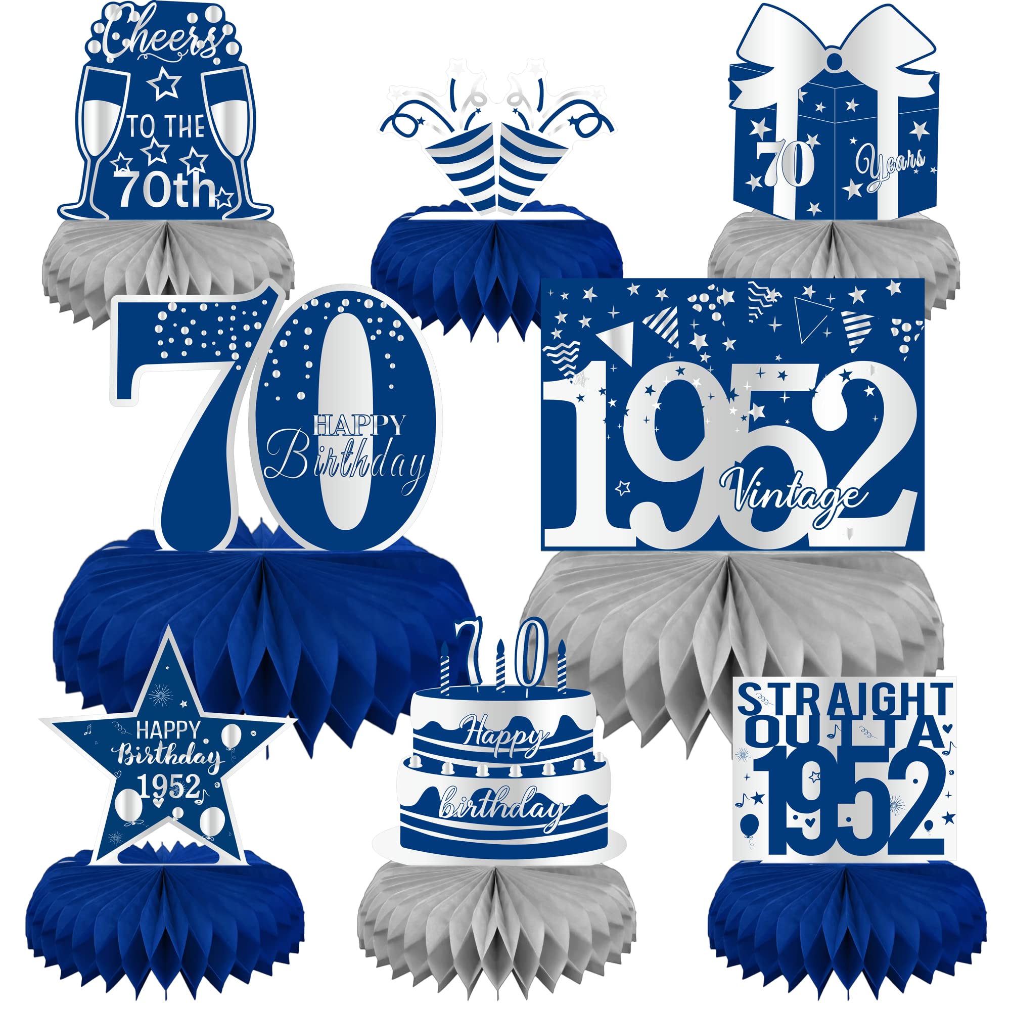 Vintage 1952 Themed 70th Birthday Party Decorations for Men - 8Pcs Blue & Silver Honeycomb Centerpieces, Table Topper & Decor Set | Perfect for Milestone Celebrations, Retirement Parties & Family Gatherings
