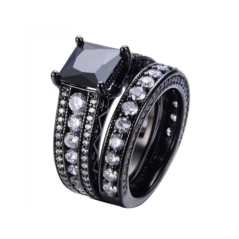 Topmaker Black Sapphire Wedding Ring Set for Women Size 6-10 - Cubic Zirconia Engagement Band with Black Main Stone - Perfect for Bridal, Anniversary & Formal Occasions