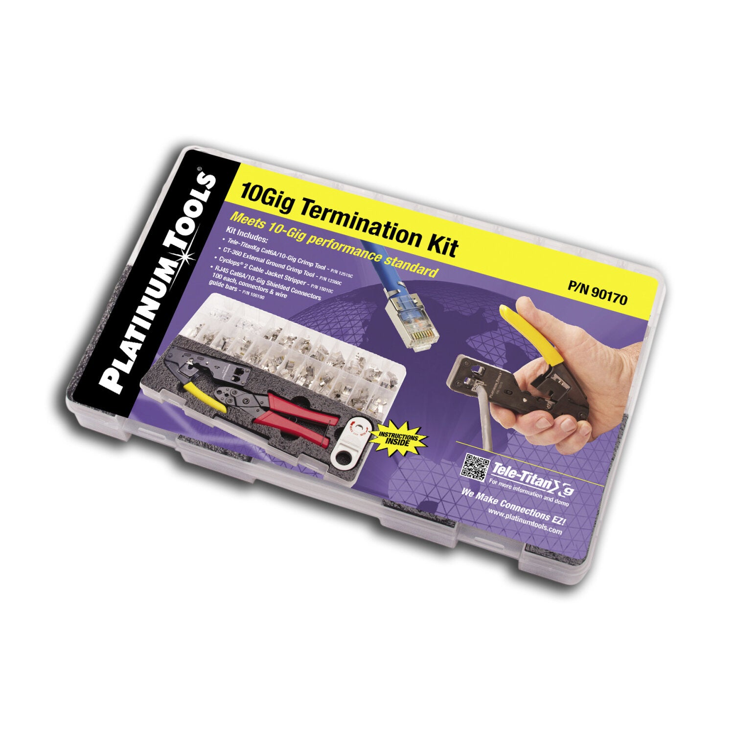 Platinum Tools 90170 Tele TitanXg RJ45 Termination Kit with Standard Connectors - Professional Network Cable Installation Tool Set in Durable Plastic Case - Perfect for IT Technicians & Home Networking Projects