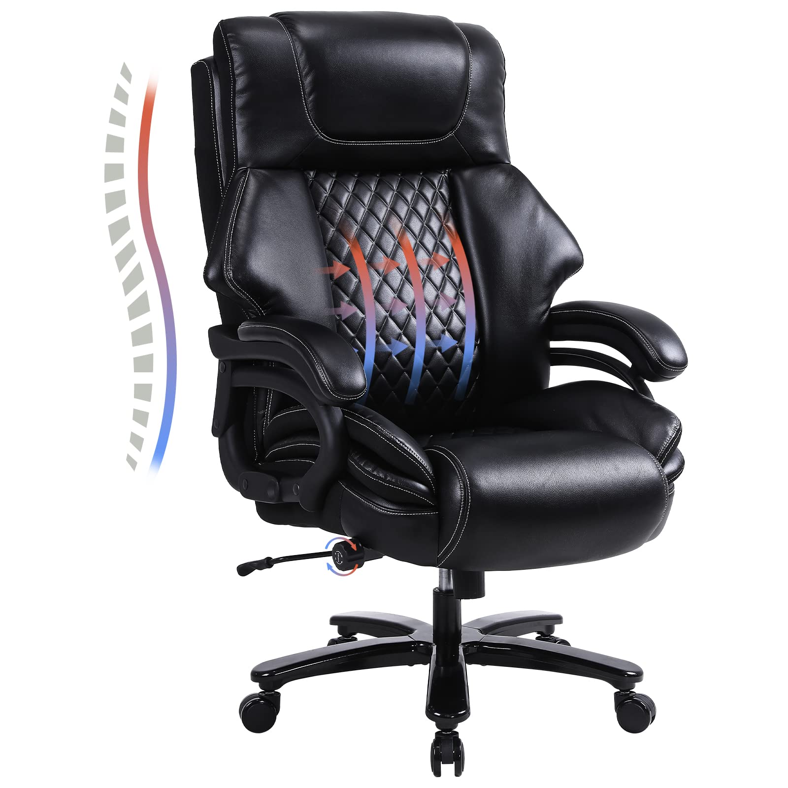 Big and Tall Office Chair for Heavy People Up to 500lbs - Heavy Duty Leather Executive Chair with Adjustable Lumbar Support & Quiet Rubber Wheels - Perfect for Home Office, Gaming, and Long Work Sessions