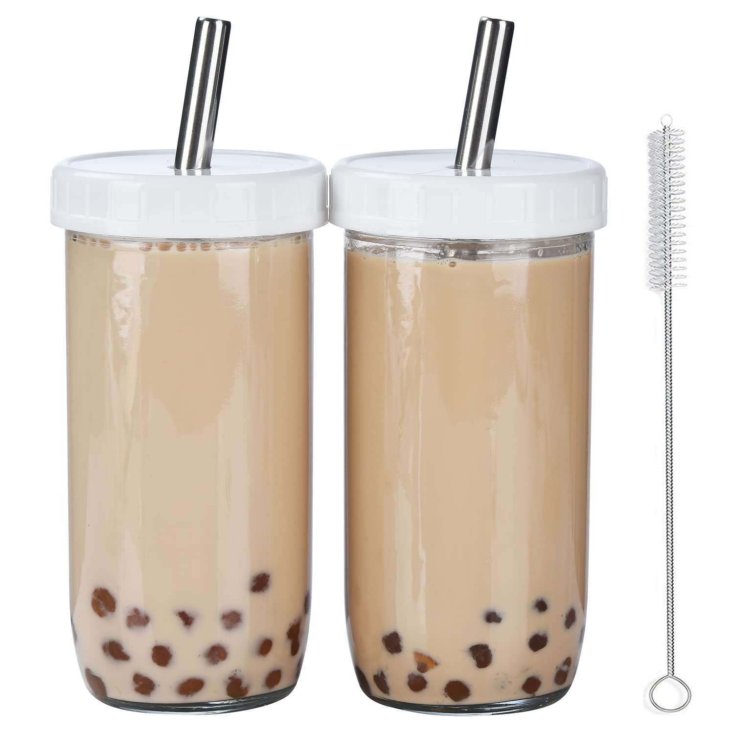 ALINK 24oz Reusable Glass Mason Jars - 2-Pack Wide Mouth Tumbler Cups with Lids & Straws for Bubble Tea, Smoothies, Iced Coffee | Perfect for Home, Office & Cafe Use