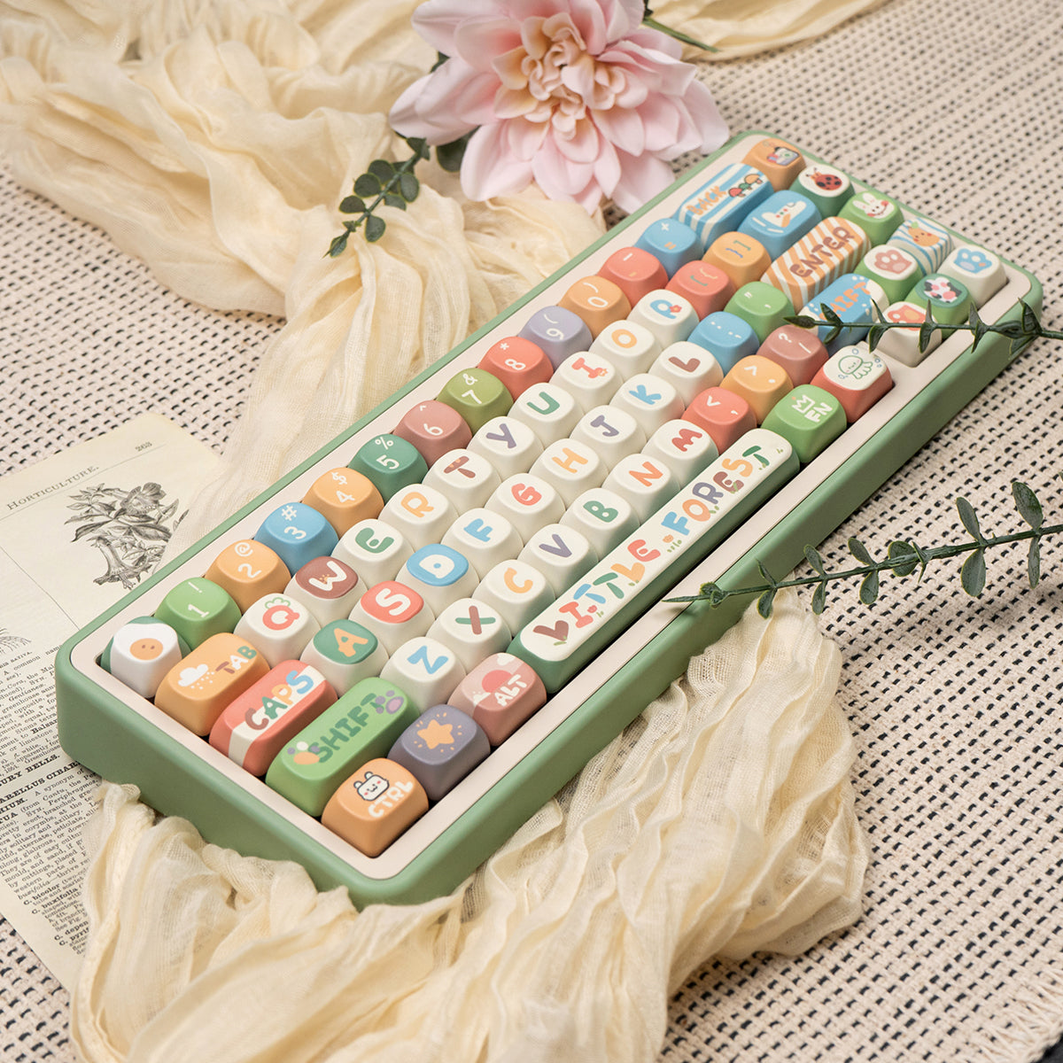 MOA Little Forest Magnetic Axis Mechanical Keyboard Keycaps - Cute Cartoon PBT Heat Sublimation Keycap Set for Gaming & Typing (Perfect for Office, Home & Gaming Setup)