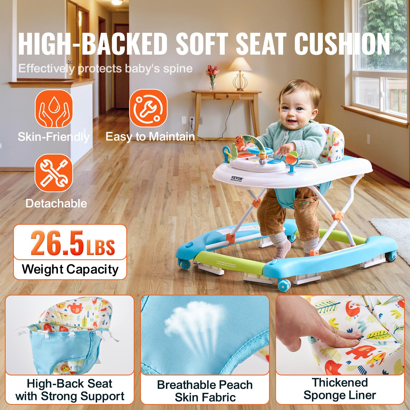 VEVOR 4-in-1 Foldable Baby Walker with Wheels - Adjustable Height Activity Center with Music & Toy Tray | Learning Seat, Walk-Behind, Rocker & Bouncer for Toddlers 6-24 Months | Perfect for Playtime, Learning & First Steps at Home