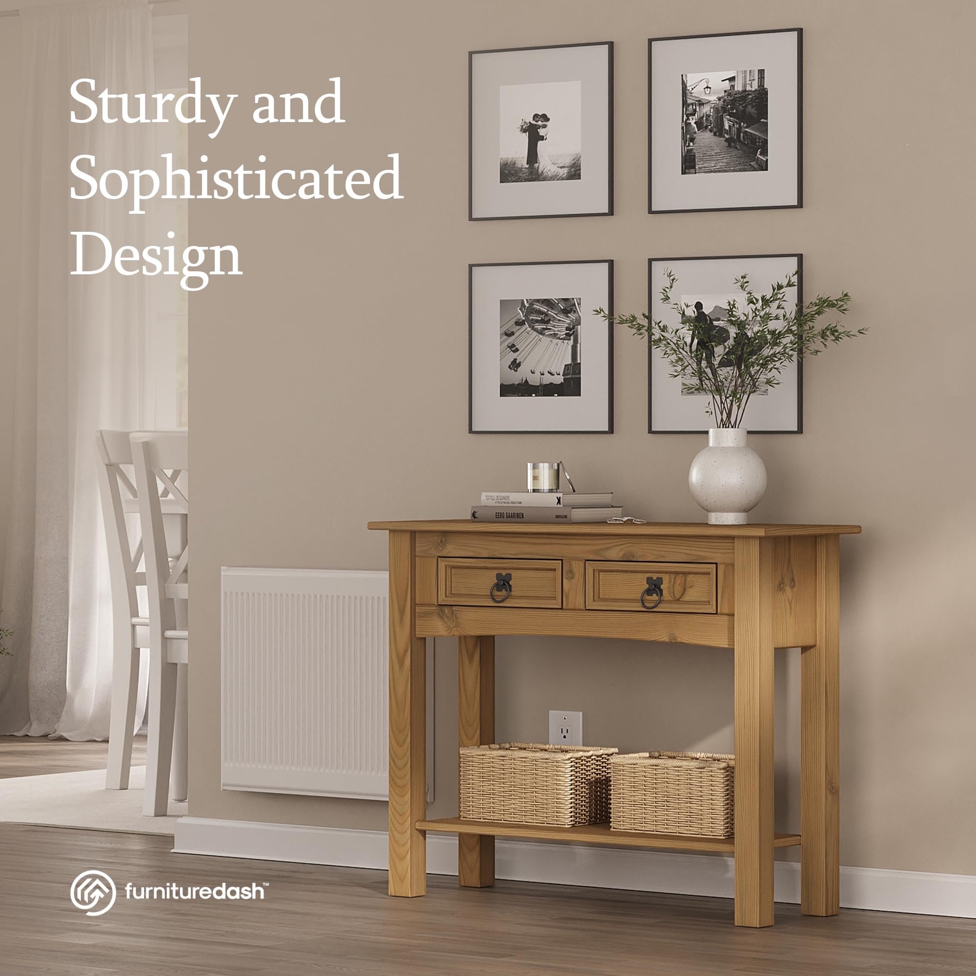 Solid Wood Console Table with 2 Drawers & Shelf - Farmhouse Entryway, Living Room, Bedroom