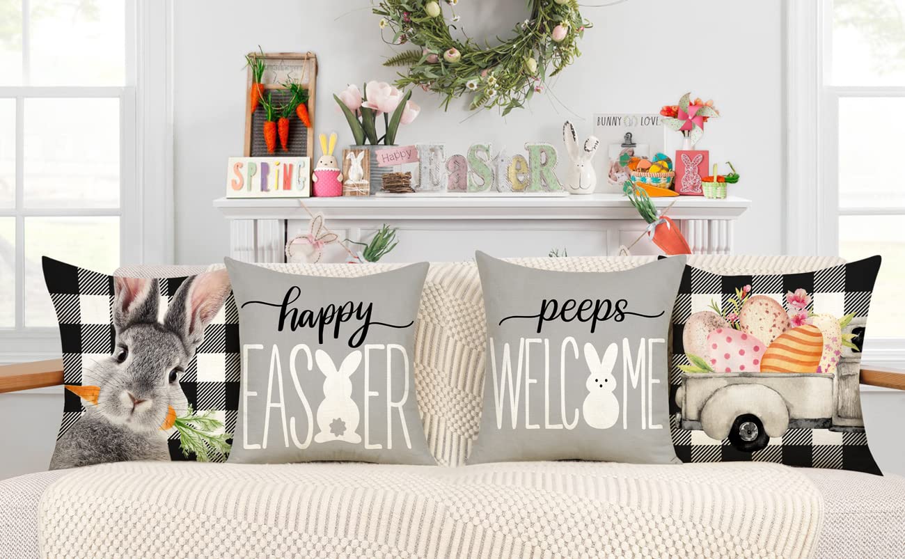 Easter Pillow Covers 18x18 Inch Set of 4 - Spring Farmhouse Decor, Buffalo Plaid Bunny Eggs Throw Pillow Cases for Couch, Sofa & Bedroom - Easter Home Decorations with Welcome Peeps Design TH163
