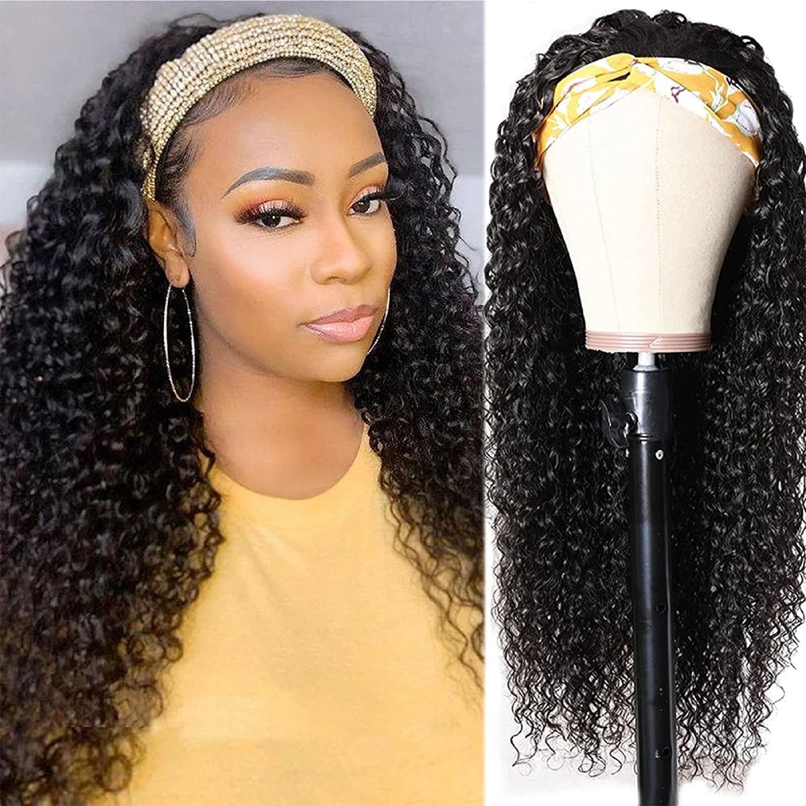 180% Density Brazilian Virgin Human Hair Deep Wave Headband Wig for Black Women - Glueless Machine Made None Lace Front Wigs with Deep Curly Headband (24 Inch) | Perfect for Daily Wear, Parties, Weddings & Protective Styling